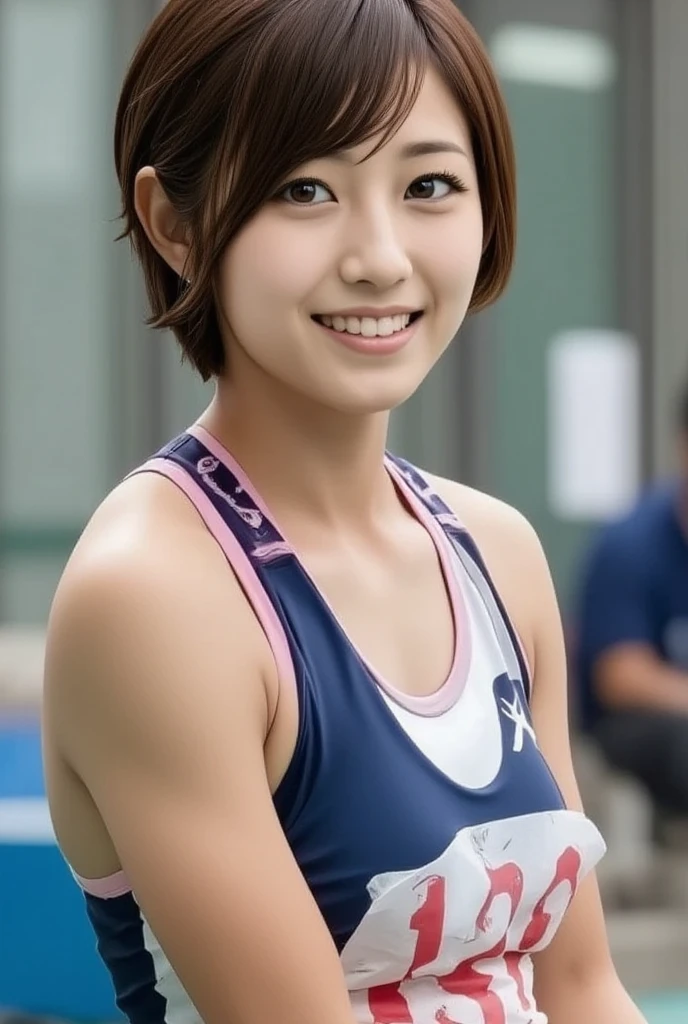(((short-range、Long distance、Running、Jogging、marason、Mass sweat)))、1girl in、Wet shirt、a wet body、((toru & Field Athletes Women))、(((1 persons)))、((Short-cut hairstyles))、Competition uniforms、((Stadium))、Transcendent Cute、A slight smil、Beautiful breasts、full body Esbian、hairarmpits、athletic field、((Outstanding style))、((Healthy body))、 、Women in Japan、Photorealsitic、Beautiful detailed eyes、Hyper-Realism、highcontrast、Ultra HD、realistic skin textures、Top image quality、top-quality、超A high resolution、Fine details、Very meticulously