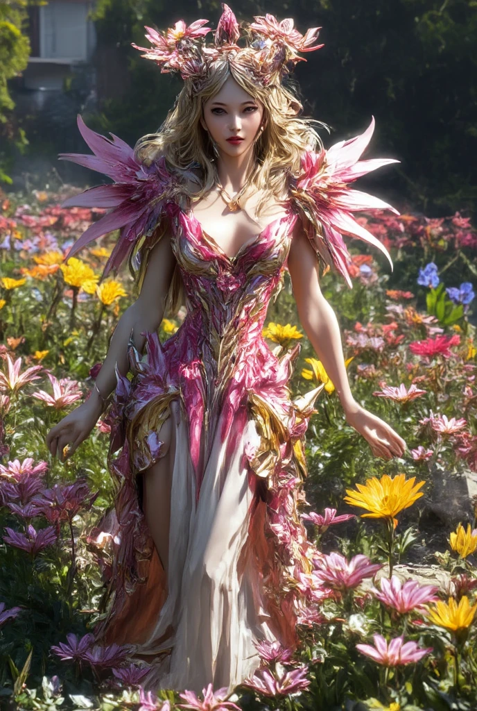(Fairy of Light), Professional , ​masterpiece、top-quality、photos realistic , depth of fields （Gemstone Flower Metal Body:1.4),(Matte Pink、Jewel Gold Weapon、（Gorgeous castle background）、（maikurobikini）、（ultimate beauty girl）、（Flower rainbow fairy wings grow）、（reddish、Green grass、Yellow flowers）、（Jewel Flower Metal Body:1.９),Gorgeous Jewel Metal Weapons , Detailed Sword of the Brave ,（ Pink hair）   ,warhammer 40k ,(（flower micro bikini）)、Particles of light、（Beautiful flower garden background）、 Mystical expression,Detail and ornate flower jewel crown、独奏、、（Gangle's forest background）、Beautiful Caucasian beauty、１a person、dynamic ungle,(((Diamond tiara with detail and luxury)))、a small face、Powerful poses、（Gorgeous castle background）、huge filesize、20 year old beautiful woman、Thin female fingers、Straight long hair、Beautiful Caucasian beauty、Valley、Fairy of Light、Particles of light、maikurobikini、