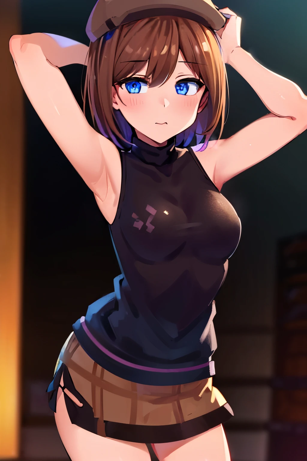 ( 1 girl, blue eyes, review, short hair , Brown hat, brown hair, black sweater , sleeveless turtleneck, brown plaid skirt v sign),Love Hotel