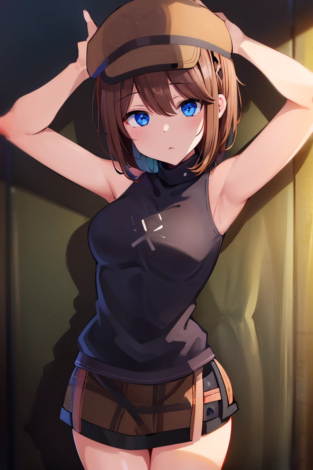 ( 1 girl, blue eyes, review, short hair , Brown hat, brown hair, black sweater , sleeveless turtleneck, brown plaid skirt v sign),Love Hotel