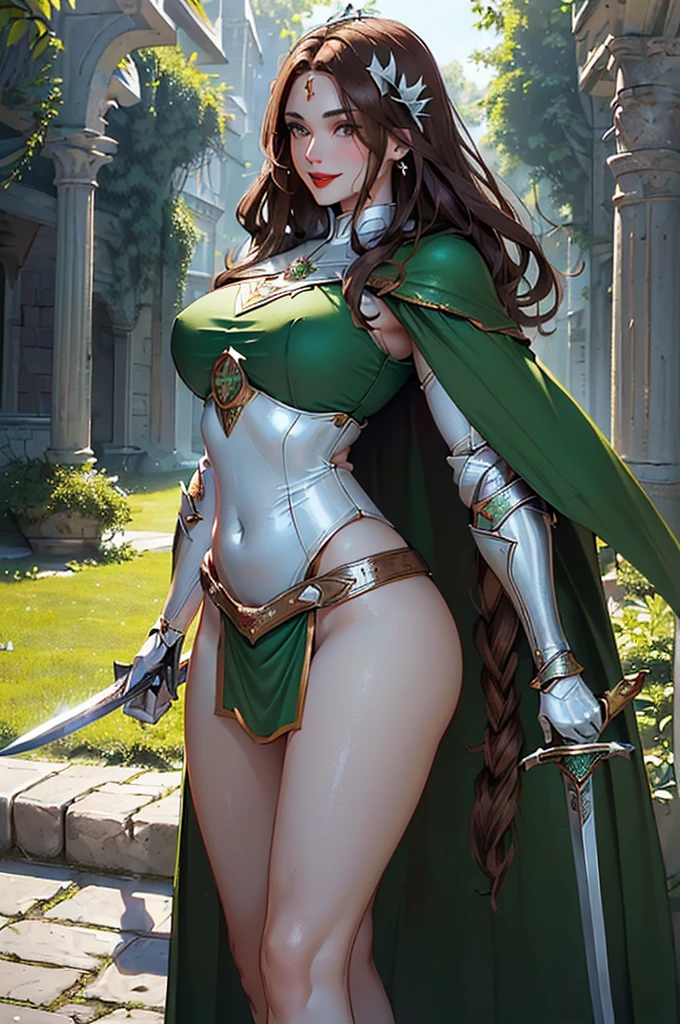 medieval setting,full view of body,1 woman,elven featured face, beautiful green eyes,brown hair, full plate armor , cute skirt dress, black leather pants