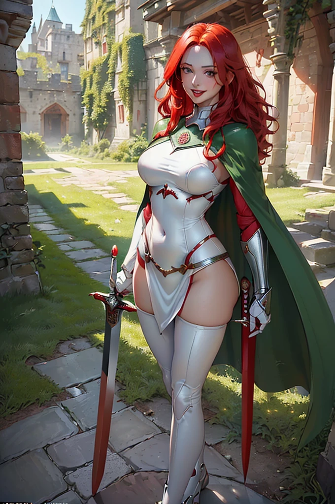 ((A red-haired warrior, from the back, wearing a short skirt at her butt, showing her butt, shot from below, wearing plate armor, steel gauntlets, steel gloves and steel cuirass, looking back, wearing a skirt)), very detailed skirt, (she doesn't wear underwear, skirt showing big stuffed, pert, round ass, pussy showing, smooth pussy showing from below, (skirt up), wind lifting skirt, sexy possession), medieval fantasy, d&d, RPG, masterpiece, best quality, 8K, ultra realistic. The most desired girl in the world has transcendental beauty, with expressive eyes, light green eyes, arched eyebrows, sensual lips and radiant skin. Her facial structure is symmetrically perfect, with delicately sculpted cheekbones and a refined chin.