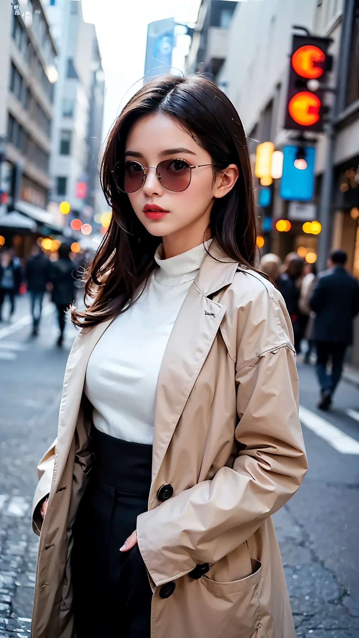 (((Best quality, 8k, Masterpiece: 1.3)), ((best quality)), ((masterpiece)), (detailed), perfect face, A stylish woman wearing a sleek spring coat over a formal suit. She has black hair tied in a neat ponytail and wears dark black sunglasses. The background is softly blurred, giving a professional and modern city vibe. She stands with confidence, her posture elegant and poised. The lighting is natural, casting a soft glow on her outfit and highlighting the details of the coat and suit.