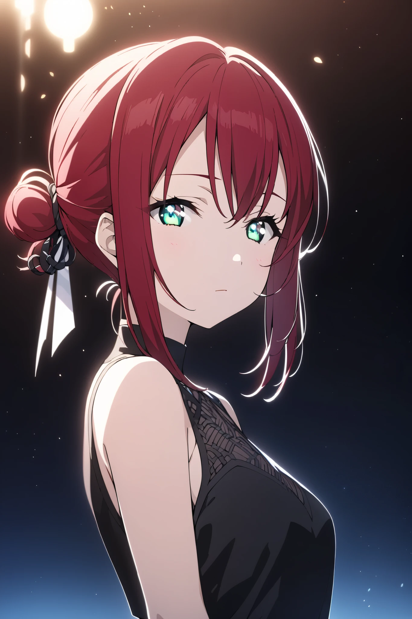 high quality,very detailed,最high quality,１human female,women in their 30s,upper body, red hair ,green eyes,semi-long,expressionless, has hair tied,Unity 8K,Beautiful Detailed Eyes, very detailedな顔, perfect lighting, very detailedなCG,Black Dress,upper body,anime