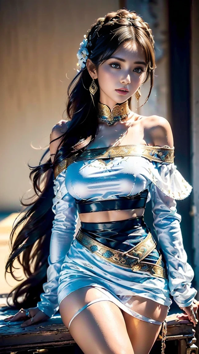 1girll，Dunhuang flying costume，Long messy hair，JI Jian，Dunhuang style，A lot of smoke，Exquisite，Elegant colors，（realisticlying，high detal，tmasterpiece，ultra - detailed，dynamic angle，Mural background，water ink，astounding，cinmatic lighting，illustratio，lightand shade contrast，The light from the back window is backlighted，God Ray，Netherlands，Best quality at best，Best quality at best，Guohuang desert background）