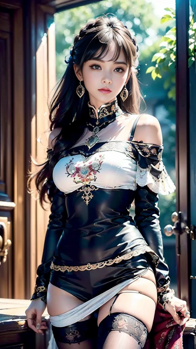 nsfw, sexy stylish Thai model, only 1 female, ((doll-like appearance)), short Mahogany stylish hair, ((shiny Victorian-Style boots)), (big smile), ultra detailed eyes, vivid eye makeup, lip-gloss, long lashes, defined eyebrows, ((sexy Paradise Kiss cosplay)), bell-shaped skirt, petticoats, high neckline, puffed sleeves, ((ultra detailed lace)), ((ultra detailed embroidery)), intricate details, Paradise Kiss accessoires and matching headpiece, choker, ((large sparkling Paradise Kiss jewelry)), cinematic light, detailed large park background with trees