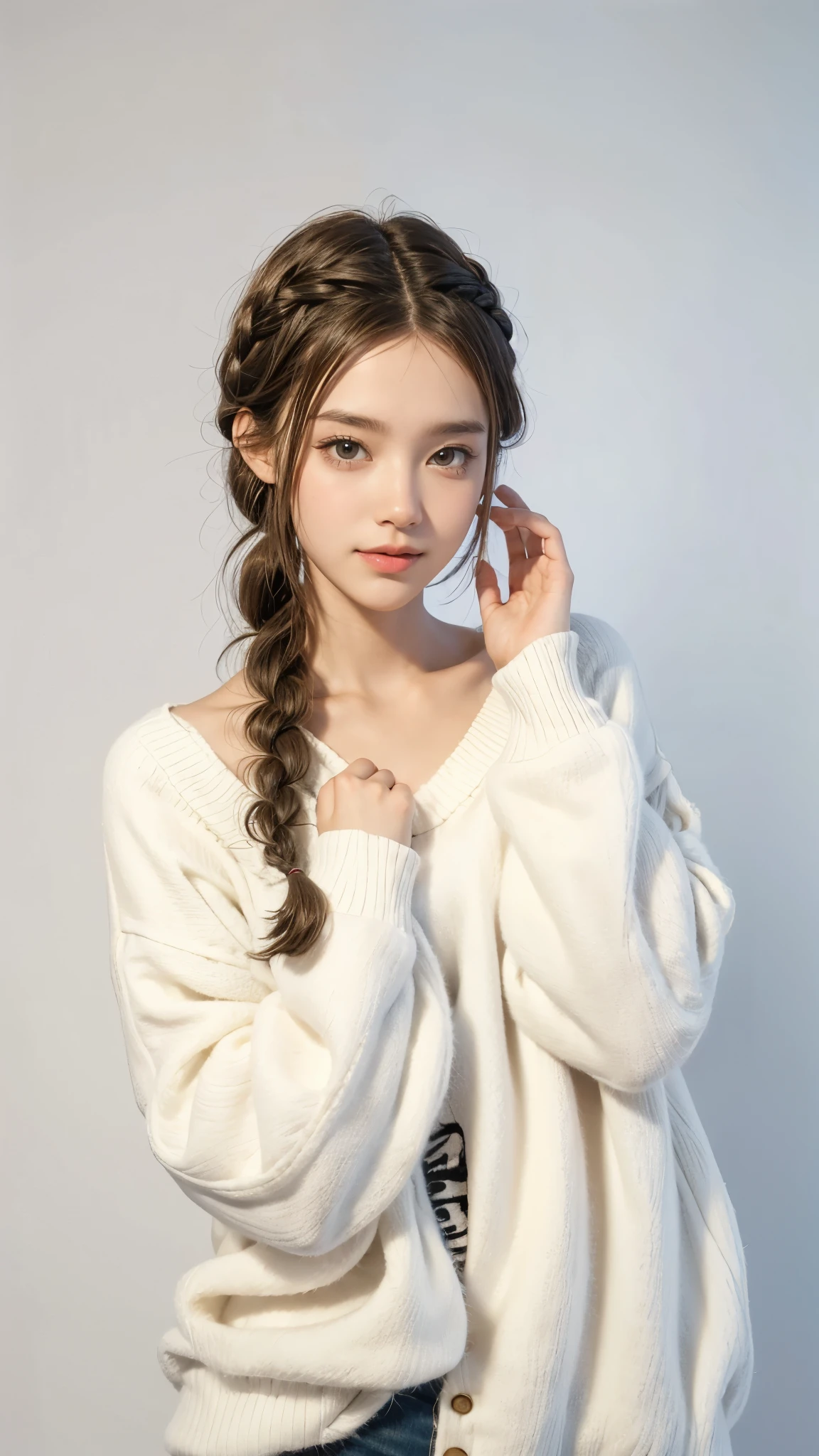 High Quality, Masterpiece, Highly Detailed, High Resolution, 4K, Ultra High Definition, Detailed Shadows, Ultra Realistic, Dramatic Lighting, 1girl, Solo, Detailed Face, Realistic Eyes, Realistic Skin, Dynamic Hair, Dynamic Pose, Dynamic Angle, White Flower Dress, White Background, ulzzang-6500-v1.1, (raw Photo:1.2), ( photorealistic:1.4), beautiful detailed girl, very detailed eyes and face, beautiful detailed eyes, ridiculous, incredibly ridiculous, huge file size, super detailed, high resolution, very detailed, best quality,
(Bright indoor), (soft light), (low contrast), (shallow depth of field), (portrait of a beautiful woman illuminated by gentle light), (extremely delicate and elegant depiction), (short length bangs), (hair color is a dark chestnut shade with a slight brown tone), (hair with a subtle and gentle wave), (small braids intricately woven on the side of long hair), (adorned with a thin ribbon), ( white blouse with small frills), (bow tie), (blue long skirt), (white short ankle socks), illustration, very detailed, CG, unified, 8k wallpaper, amazing, fine detail, best quality, Very detailed CG unified 8k wallpaper, face light, movie lighting, 1girl, 16 years old, ((no panties)), ((dynamic pose))), (camel toe), (half), (bent knees and legs sitting))