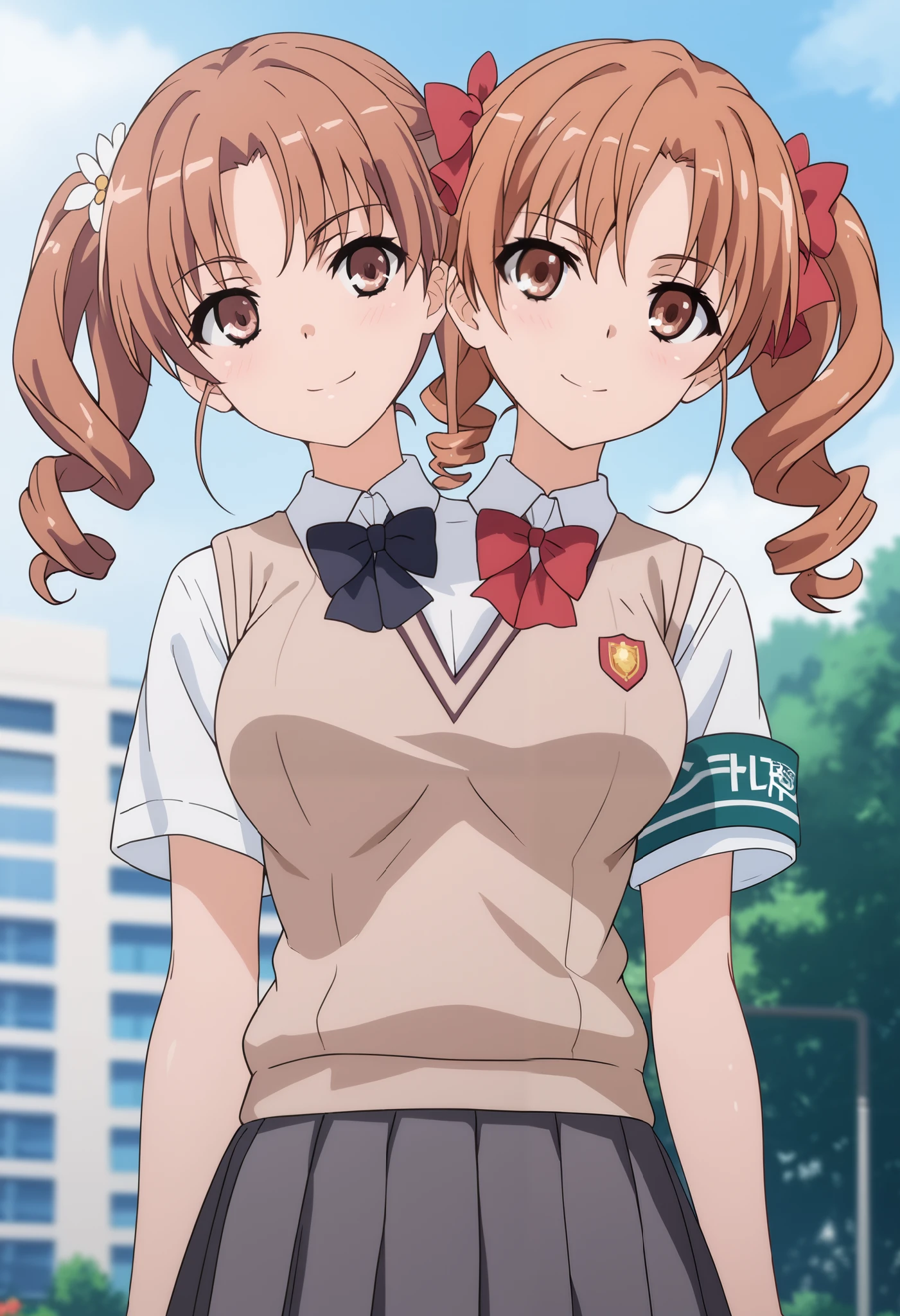 2 girls, 2heads, twoheads, a tall thin woman with 2 heads, conjoined, 2girls, kuroko shirai, brown hair, long hair, parted bangs, brown eyes, ringlets, twintails, hair bow, bow, red bow, armband, black skirt, collared shirt, dress shirt, pleated skirt, safety pin, mikoto misaka, short hair, brown hair, hair ornament, hair flower, brown eyes,
skirt, shirt, school uniform, white shirt, short sleeves, pleated skirt, grey skirt, sweater vest, tokiwadai school uniform, front shots, large breasts,
