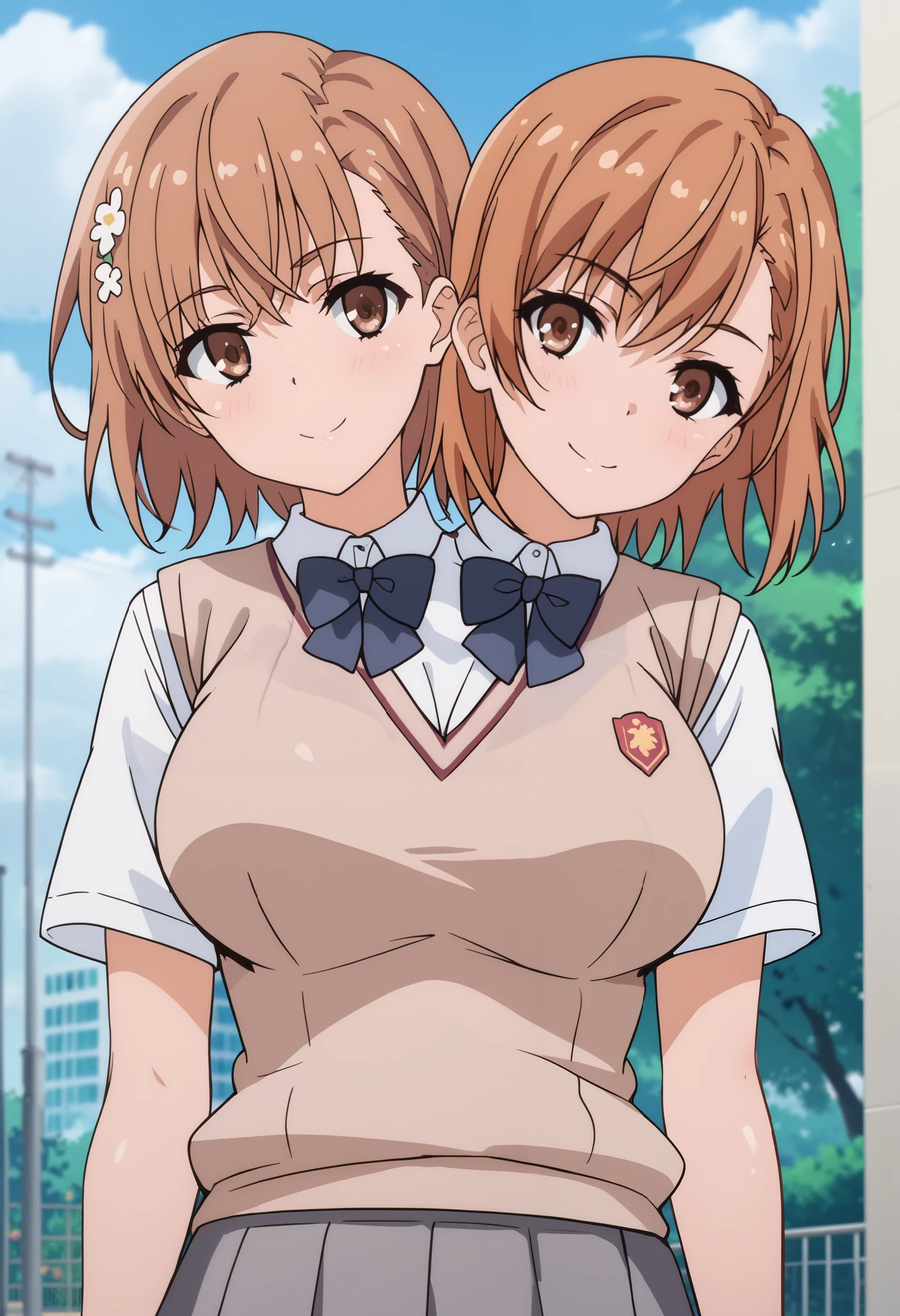 2 girls, 2heads, twoheads, a tall thin woman with 2 heads, conjoined, 2girls, mikoto misaka, short hair, brown hair, hair ornament, hair flower, brown eyes, skirt, shirt, school uniform, white shirt, short sleeves, pleated skirt, grey skirt, sweater vest, tokiwadai school uniform, front shots, large breasts,