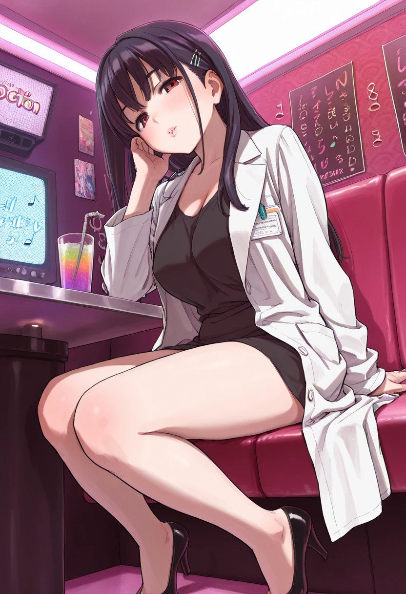 1girl, woman, takemip5, short hair, black hair, blue hair, labcoat, black dress, belt, choker, necklace, cleavage, high heels, makeup, eyeliner, (wetting self:1.5), desperation, huge breasts, (blushing:1.5), embarrassed, humiliation, aroused, orgasm, trembling, city, street, crowd, night, futuristic, colorful lights, colorful city, storefront, counter