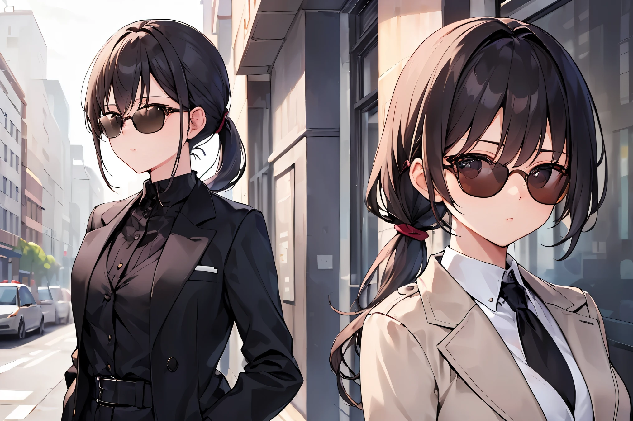 (((Best quality, 8k, Masterpiece: 1.3)), ((best quality)), ((masterpiece)), (detailed), perfect face, A stylish woman wearing a sleek spring coat over a formal suit. She has black hair tied in a neat ponytail and wears dark black sunglasses. The background is softly blurred, giving a professional and modern city vibe. She stands with confidence, her posture elegant and poised. The lighting is natural, casting a soft glow on her outfit and highlighting the details of the coat and suit.
