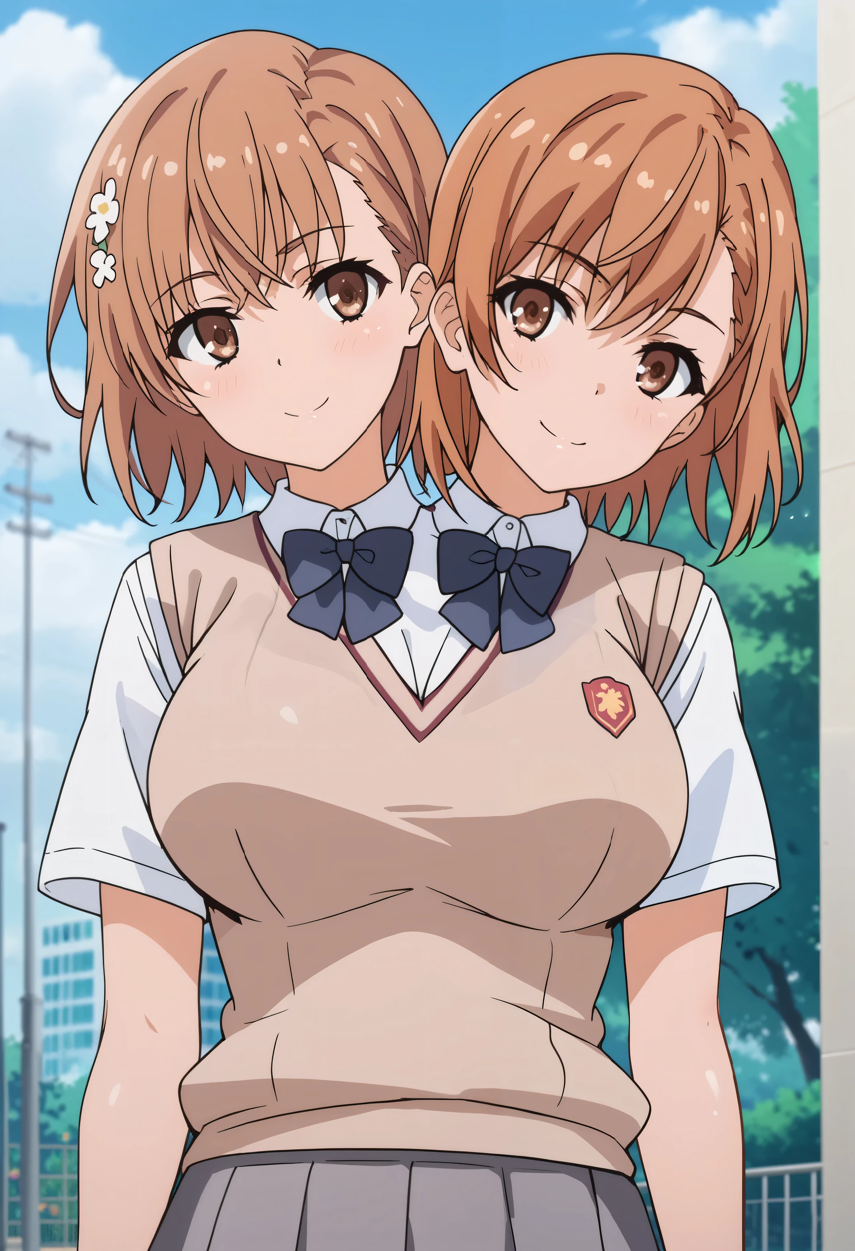 2 girls, 2heads, twoheads, a tall thin woman with 2 heads, conjoined, 2girls, mikoto misaka, short hair, brown hair, hair ornament, hair flower, brown eyes, skirt, shirt, school uniform, white shirt, short sleeves, pleated skirt, grey skirt, sweater vest, tokiwadai school uniform, front shots, large breasts,