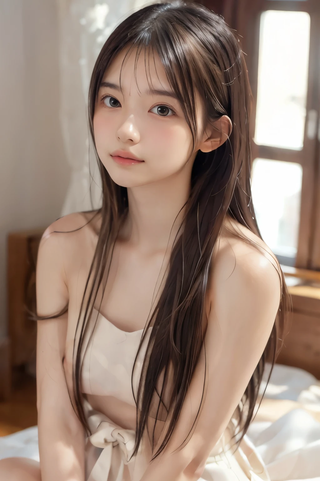 masutepiece, Best Quality, 8K, 1 girl, 20 yo, Full body, Solo, Cute, Girly, Delicate girl, Neat and clean beauty, Raw photo, Professional Photography, Portrait, Soft light, Professional Lighting, Back lighting, look forward to your eyes, Sophisticated, Film grain, (Eyes and faces with detailed:1.0), medium length floating hair, Beautiful flowing hair, Bangs, (topless:1.7)