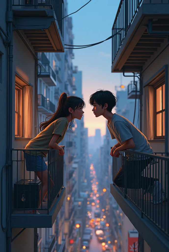 A boy and a girl sitting holding hands on a large, high, tiled step at night with a cloudy sky and a street lamp in the background illuminating