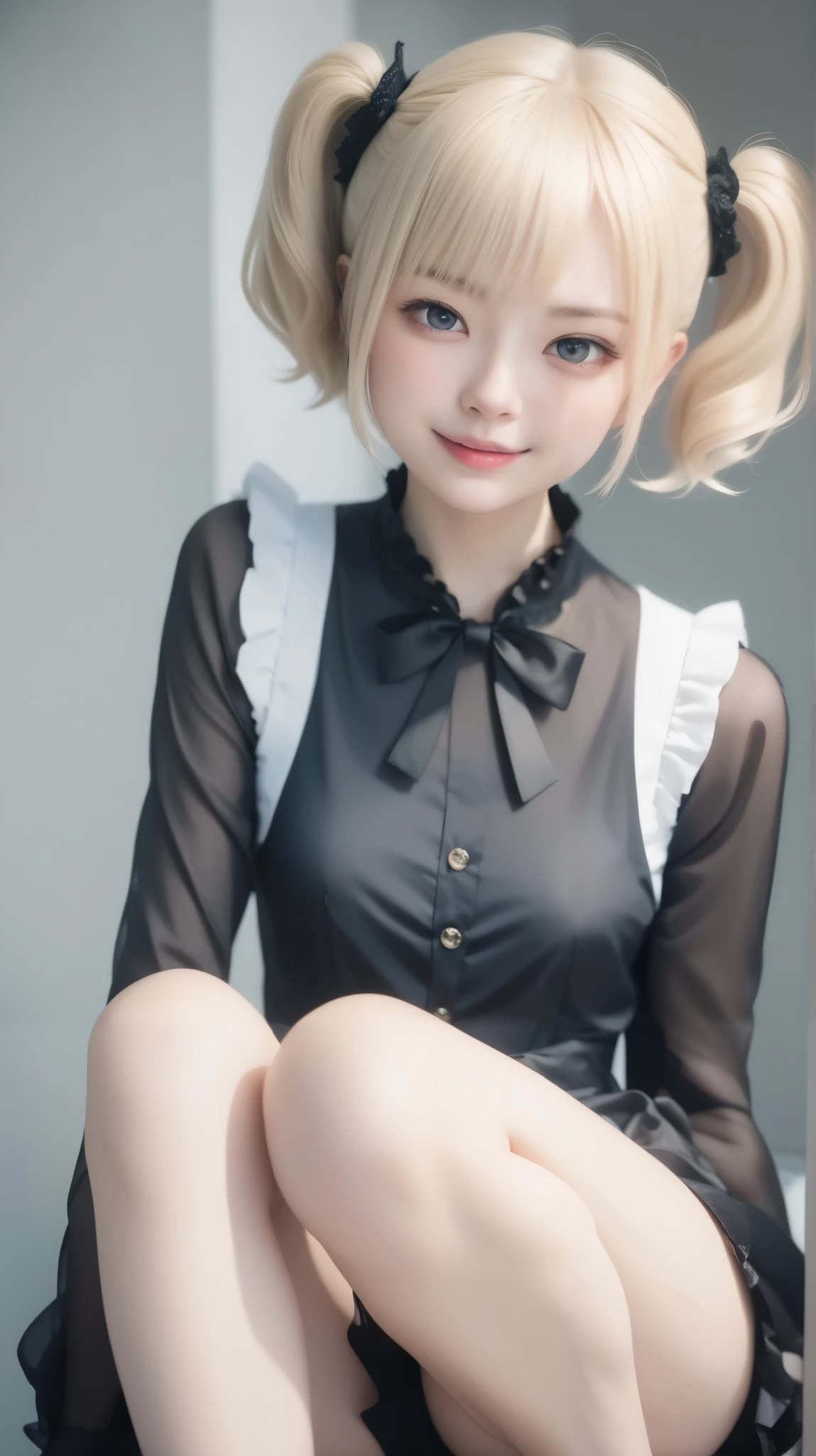 (best quality、masterpiece、very well detailed、one girl、cute face、 silky short blonde 、(((Short hair in twin tails、Short Bob Twin Tail)))、gray eyes、From the knee up、gothic fashion、very well detailed目、Small red cheeks and nose、cute face、