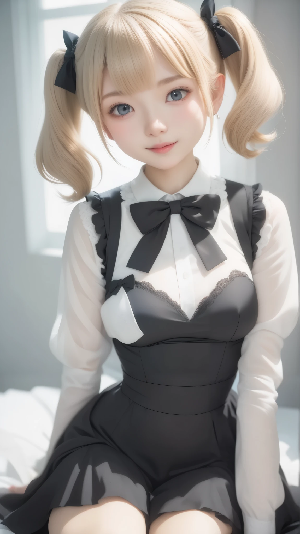 (best quality、masterpiece、very well detailed、one girl、cute face、 silky short blonde 、(((Short hair in twin tails、Short Bob Twin Tail)))、gray eyes、From the knee up、gothic fashion、very well detailed目、Small red cheeks and nose、cute face、