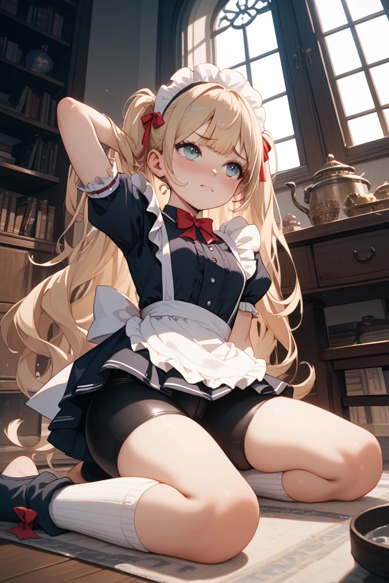 score_9, score_8_up, score_7_up, source_anime, 1girl, yellow hair, long ponytail, parted bangs, big hair ribbon, yellow eyes, cat ears, medium chest, eyeglasses, aggressive face, micro bikini maid, headdress, blouse, skirt, apron, areola, private room, mansion,