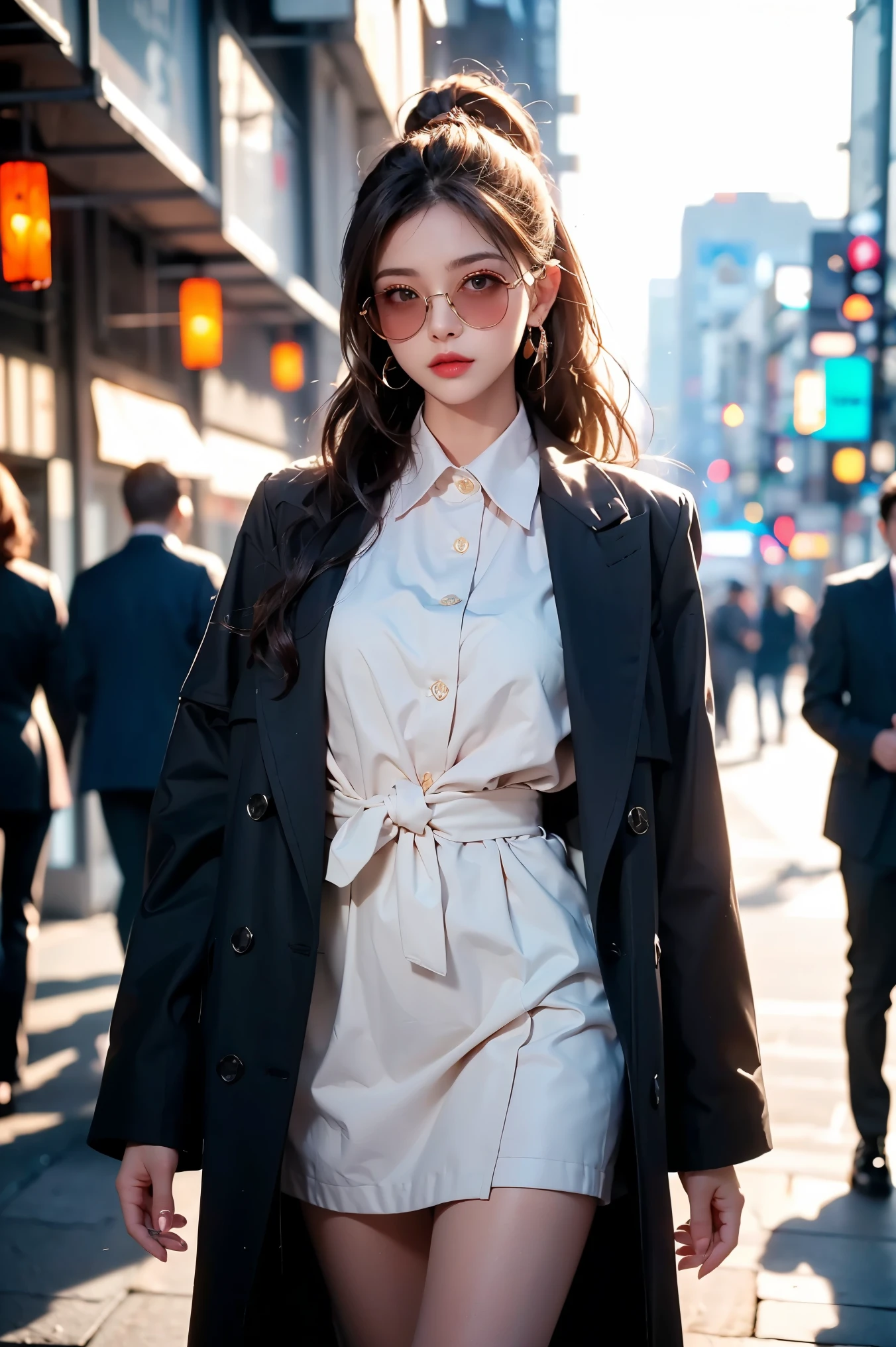 (((Best quality, 8k, Masterpiece: 1.3)), ((best quality)), ((masterpiece)), (detailed), perfect face, A stylish woman wearing a sleek spring coat over a formal suit. She has black hair tied in a neat ponytail and wears dark black sunglasses. The background is softly blurred, giving a professional and modern city vibe. She stands with confidence, her posture elegant and poised. The lighting is natural, casting a soft glow on her outfit and highlighting the details of the coat and suit.