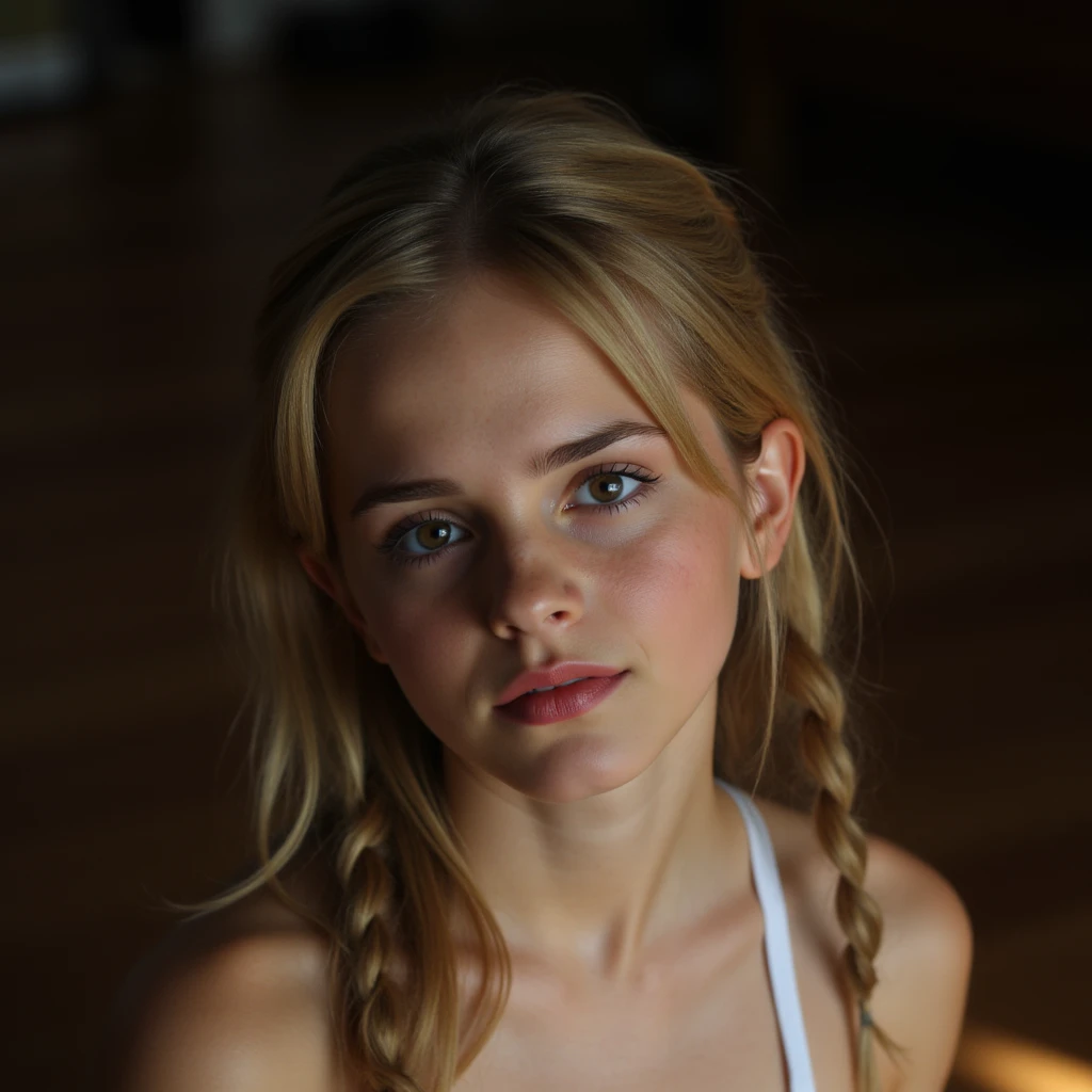 
girl small young,  red pout , longer incisors,  mouth slightly opened ,  Big blue eyes,  long black eyelashes , freckles, Stupsnase, blonde medium length hair, two braids woven,  slim,  Taile, sporty , , , small , stiff , Goosebumps , white translucent wet briefs, , Darkroom, diuffuses Licht, sunshine,  lying on your back, legs bent, Facing the viewer , full body, , without bra, without panties