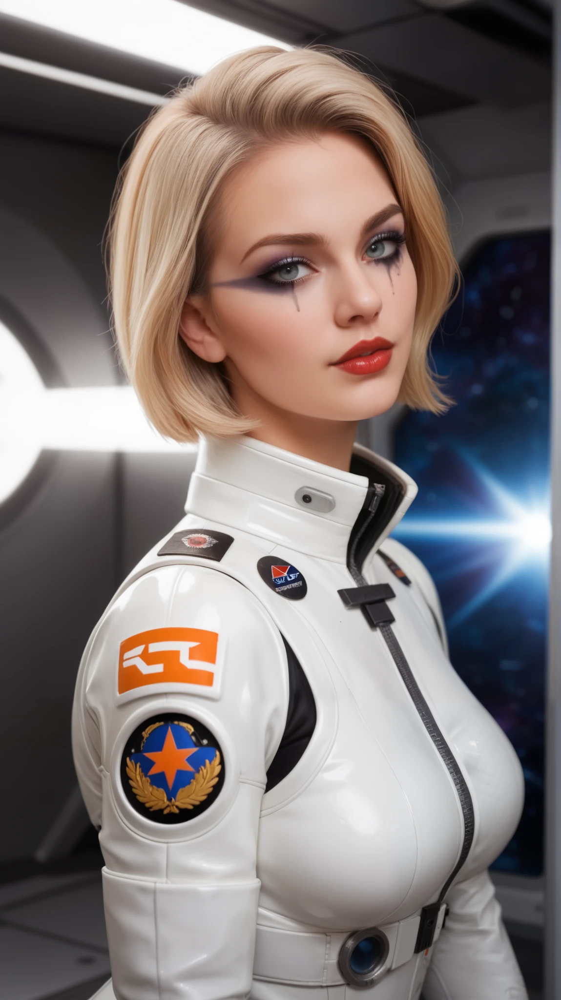 Futuristic Space Voyage Image, subject is a unique female character, modeling pose, short tousled blonde hair, wearing a white leather eye patch, evocative makeup, false eyelashes, stylish eye liner, smokey eye shadow, arched eyebrows, matching lipstick, wearing a weather composite space uniform, standing in the hallway of a space dock, looking out at the vastness of space through side portals. industrial colors, highly detailed. face is illuminated, golden ratio composition, (cool tone:1.2) (golden hour:1.1) (blurry background1.3)