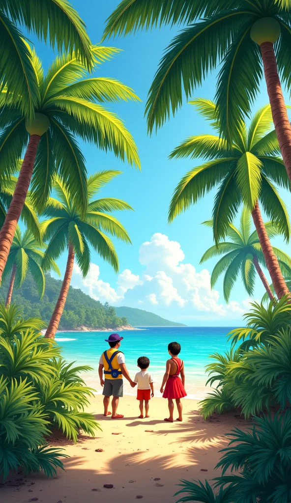 A remote island surrounded by palm trees and a strange animated sky are cartoonish people without a sea 

