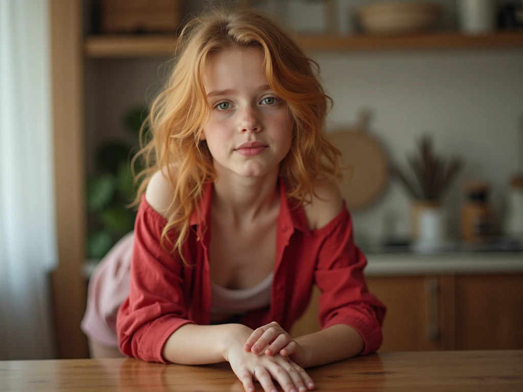 Fille de 14 ans aux cheveux roux , curly and long, les yeux vert. In the background, il y a une chambre