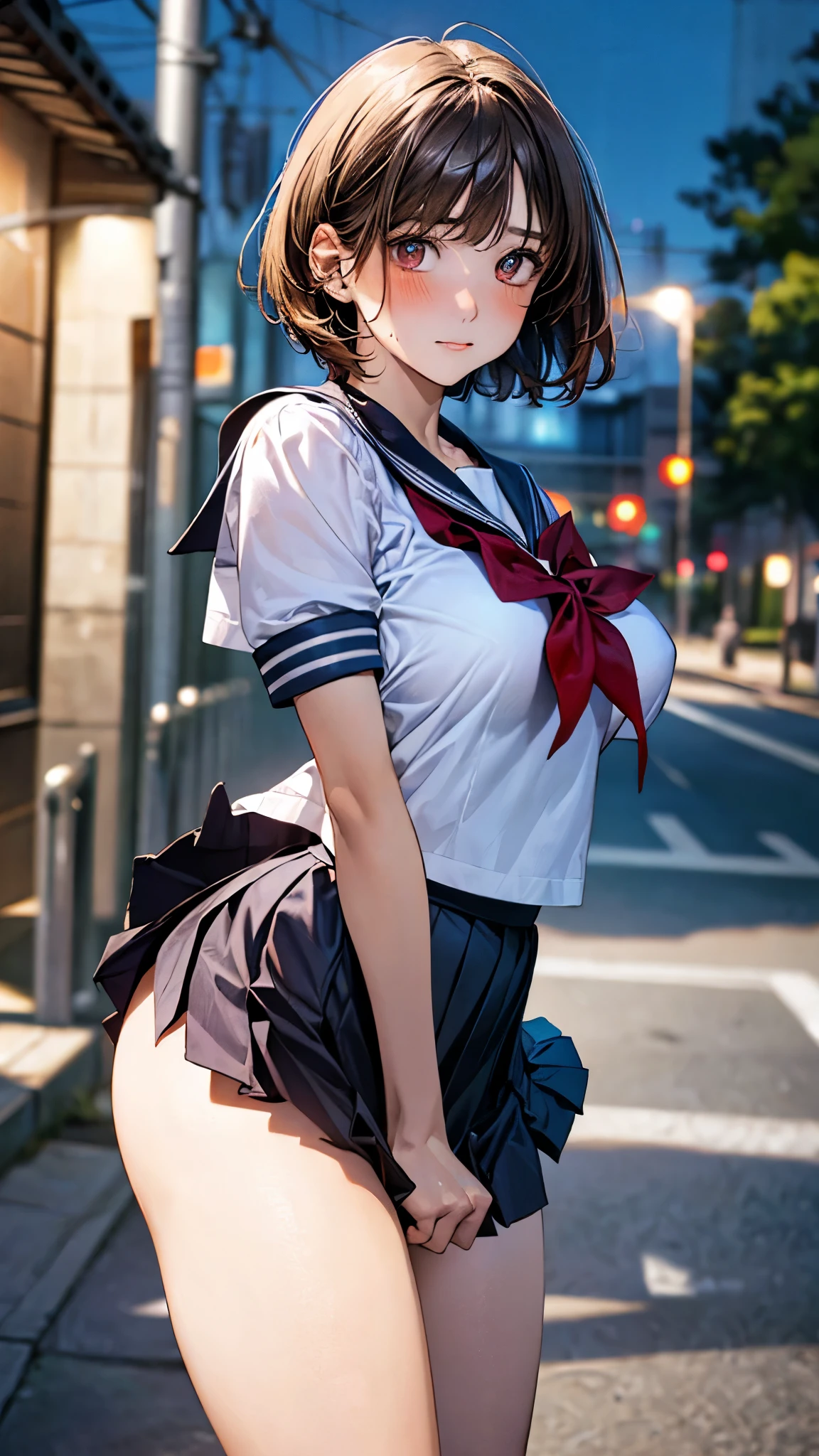(((masterpiece, highest quality, High resolution, 超High resolution, Perfect Pixel, Depth of written boundary, 4K, RTTX 10.0))), Beautiful Anime Woman, Beautiful art style, Anime characters, ((Smooth texture, Realistic texture, Anime CG Style)), Exact finger count、Exact number of legs、(Exact number of arms:1.0, Exact number of hands:1.0), (Perfect hands, Perfect Anatomy), Cinematic, Realistic, Extremely detailed CG, Daytime lighting, Perfect lighting, Best Shadow, The best natural light, whole body, Perfect body, (Slender body:1.2), ((Long Hair, bangs, Dark brown hair, Bobcut)), (Detailed face, Beautiful Face, Beautiful eyelashes), (One adult woman is walking next to me, flipping up her skirt with her hands.:1.4), (Fashionable white shirt, Sailor collar, Navy blue knee socks, loafers, Navy pleated mini skirt:1.3)、Angle from the front, ((Stylish shiny satin panties, Side-tie light blue panties, black lace trim:1.3)), (Beautiful and big breasts:1.2), (Beautiful and thin thighs:1.3), Feeling embarrassed, (blush:1.2), (Very embarrassed look:1.4), A very patient expression, (City hustle and bustle, Buildings on the background, Sidewalk, Intersection in the background, Many people dressed in clothes in the background々:1.4), The shirt is slightly transparent, revealing her light blue bra.