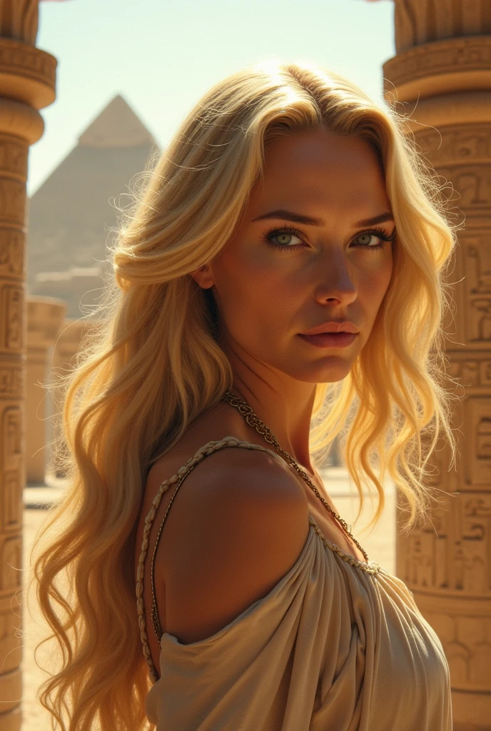 blonder woman, light brown eyes, Egyptian style pyramid background, egyptian dress