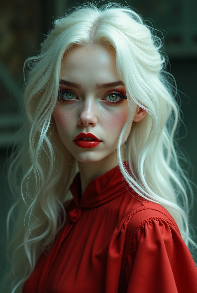 A young woman with long, wavy, waist-length white hair, white eyebrows, with a red dress that highlights her white skin and a small neckline and a delicate necklace, her full, pink mouth and emerald green eyes, displaying her natural charm and outgoing personality.
