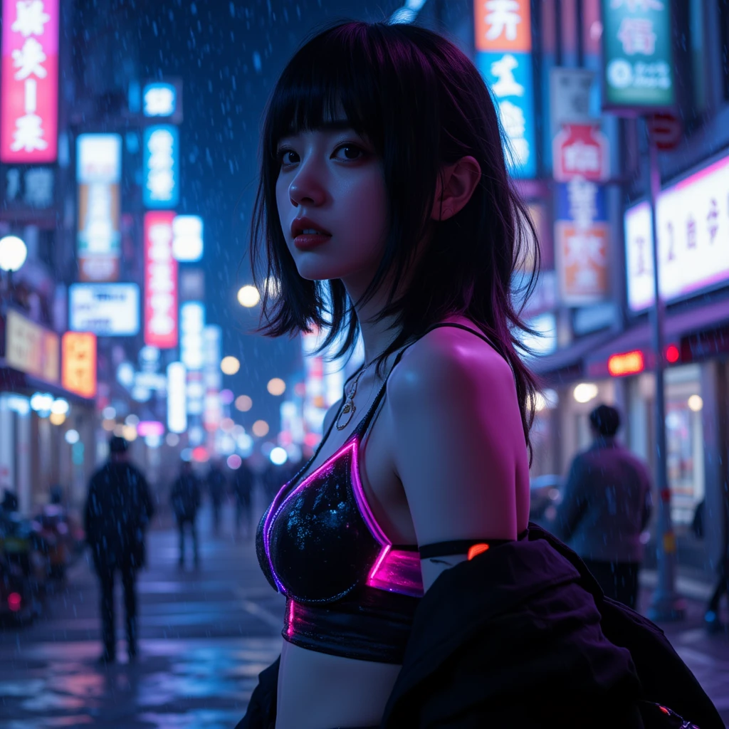 A beautiful girl with gal makeup wearing a in the downtown area of Gintama, surrounded by salespeople, Beautiful portrait of a stunning goddess girl, beautiful and detailed face, porcelain skin, half body shot, in the center,(He is black,belly button:1.2),((moonlight,night,big neon,strong neon lighting,rim lighting,two-tone lighting))),