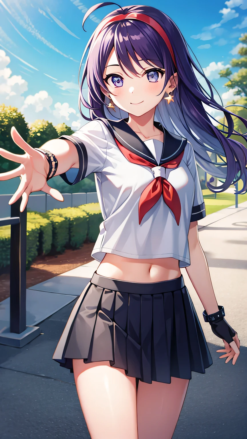{{{masterpiece}}}, (best quality:1.5), (ultra-detailed:1.5), {illustration}, {{an extremely delicate and beautiful}}, (beautiful detailed eyes:1.6), absurdres, highres, extremely detailed face, 16k, hd, visual anime de uma jovem mulher, extremamente bonito rosto de anime, anime melhor garota, (perfect hands, perfect anatomy), anime face, Asamiya Athena, aa2, 1girl, solo, cute face, (Purple hair:1.3), Long hair, ahoge, parted bangs, sidelocks, white earrings, hairband, star \(symbol\), star hair ornament, red hairband, (purple eyes:1.1), medium breasts, big hips, Slender beautiful legs, curvaceous, BREAK, {serafuku}, {school uniform}, white shirt, short sleeve, blue collar, red neckerchief, necker ring, purple jade necker ring, black gloves, fingerless gloves, navel, blue skirt, mini skirt, pleated skirt, white short socks, brown loafers, BREAK, standing, smiling, outdoor, sky, public park, reaching out a hand