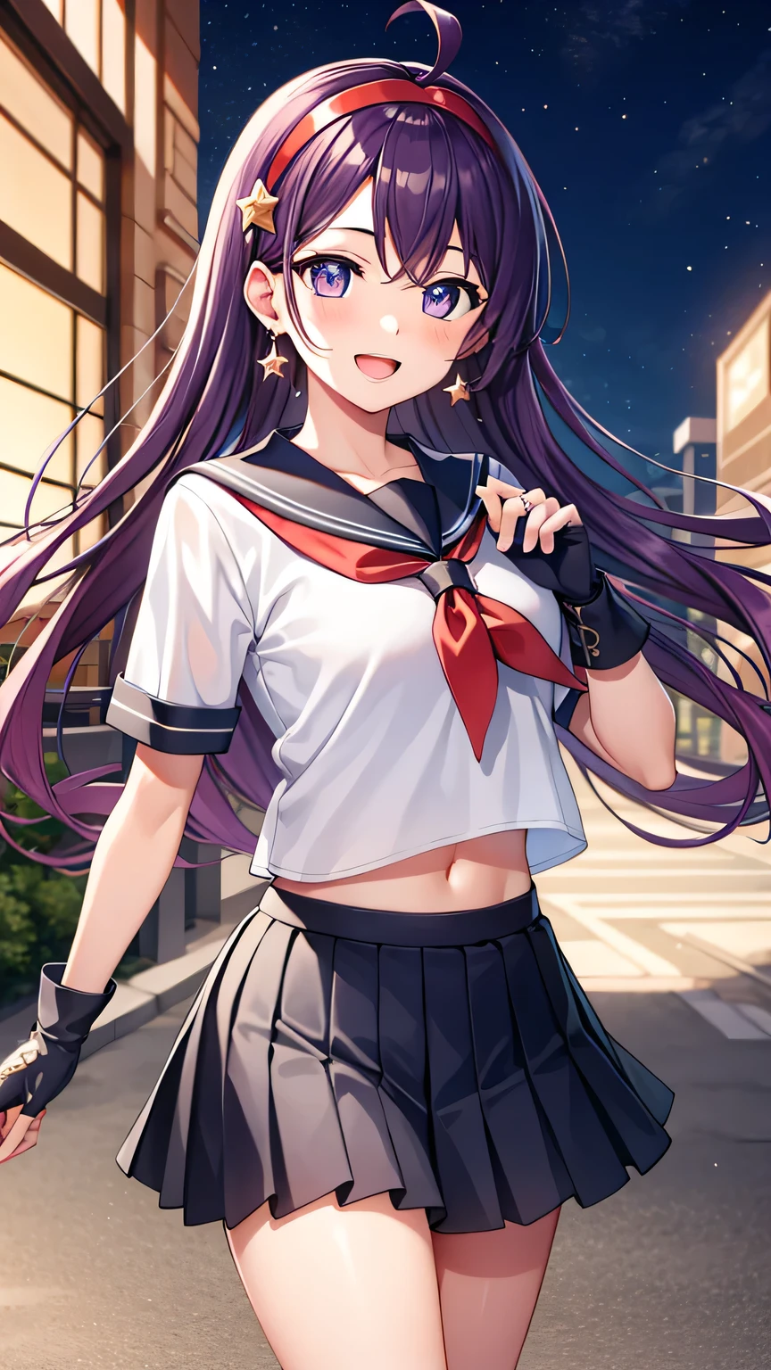 {{{masterpiece}}}, (best quality:1.5), (ultra-detailed:1.5), {illustration}, {{an extremely delicate and beautiful}}, (beautiful detailed eyes:1.6), absurdres, highres, extremely detailed face, 16k, hd, visual anime de uma jovem mulher, extremamente bonito rosto de anime, anime melhor garota, (perfect hands, perfect anatomy), anime face, Asamiya Athena, aa2, 1girl, solo, cute face, (Purple hair:1.3), Long hair, ahoge, parted bangs, sidelocks, white earrings, hairband, star \(symbol\), star hair ornament, (red hairband:1.2), (purple eyes:1.1), medium breasts, big hips, Slender beautiful legs, curvaceous, BREAK, {serafuku}, {school uniform}, white shirt, short sleeve, (light blue collar:1.3), red neckerchief, necker ring, purple jade necker ring, black gloves, fingerless gloves, navel, (light blue skirt:1.3), mini skirt, pleated skirt, white short socks, brown loafers, BREAK, open mouth, smiling, flushed cheeks, walking, looking at viewer, outdoor, city, building, sky, daytime, cowboy shot