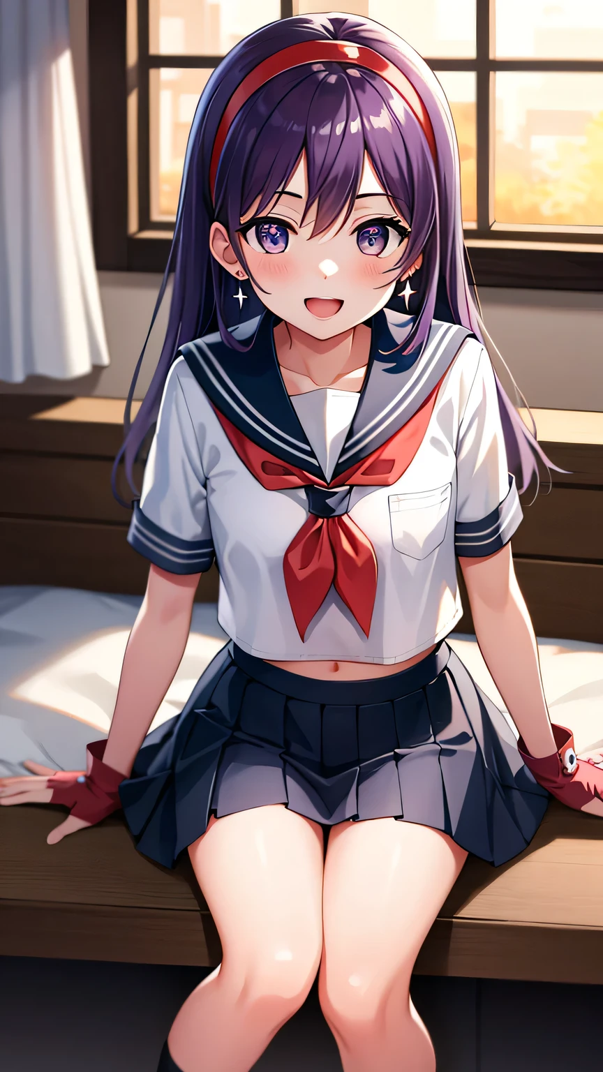 {{{masterpiece}}}, (best quality:1.5), (ultra-detailed:1.5), {illustration}, {{an extremely delicate and beautiful}}, (beautiful detailed eyes:1.6), absurdres, highres, extremely detailed face, 16k, hd, visual anime de uma jovem mulher, extremamente bonito rosto de anime, anime melhor garota, (perfect hands, perfect anatomy), anime face, Asamiya Athena, aa2, 1girl, solo, cute face, (Purple hair:1.3), Long hair, ahoge, parted bangs, sidelocks, white earrings, hairband, star \(symbol\), star hair ornament, (red hairband:1.2), (purple eyes:1.1), medium breasts, big hips, Slender beautiful legs, curvaceous, BREAK, {serafuku}, {school uniform}, white shirt, short sleeve, (light blue collar:1.3), (red neckerchief:1.4), necker ring, purple jade necker ring, black gloves, fingerless gloves, navel, (light blue skirt:1.3), mini skirt, pleated skirt, white short socks, brown loafers, BREAK, night, indoor, bedroom, on the bed, window, moonlight, open mouth, smiling, confession, embarrassed, flushed cheeks,from front, looking at viewer, dark room, covering chest by one hand, knees together feet apart, sit
