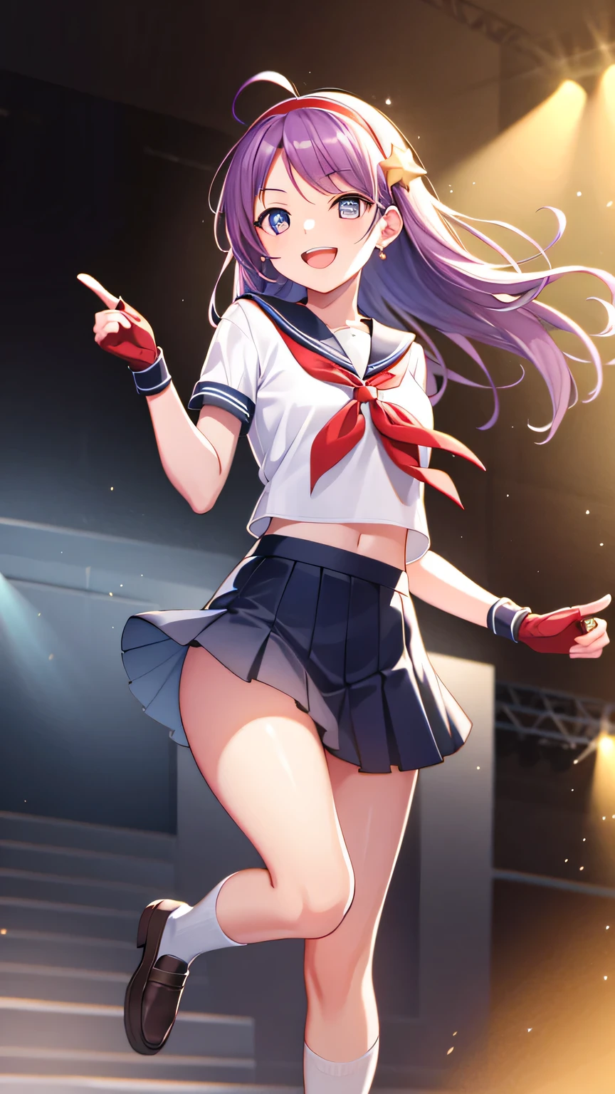 {{{masterpiece}}}, (best quality:1.5), (ultra-detailed:1.5), {illustration}, {{an extremely delicate and beautiful}}, (beautiful detailed eyes:1.6), absurdres, highres, extremely detailed face, 16k, hd, visual anime de uma jovem mulher, extremamente bonito rosto de anime, anime melhor garota, (perfect hands, perfect anatomy), anime face, Asamiya Athena, aa2, 1girl, solo, cute face, (Purple hair:1.3), Long hair, ahoge, parted bangs, sidelocks, white earrings, hairband, star \(symbol\), star hair ornament, (red hairband:1.2), (purple eyes:1.1), medium breasts, big hips, Slender beautiful legs, curvaceous, BREAK, {serafuku}, {school uniform}, white shirt, short sleeve, (light blue collar:1.5), (red neckerchief:1.4), necker ring, purple jade necker ring, black gloves, fingerless gloves, navel, (light blue skirt:1.5), mini skirt, pleated skirt, white short socks, brown loafers, BREAK, pointing, pointing at viewer, 1girl, solo, smile, open mouth, one eye closed, pointing, microphone, dancing, jumping, sing, singing, joyful, cute pose, dynamic pose, dynamic angle, indoor, stage, on stage, audience, fluttering skirt, peer in from below