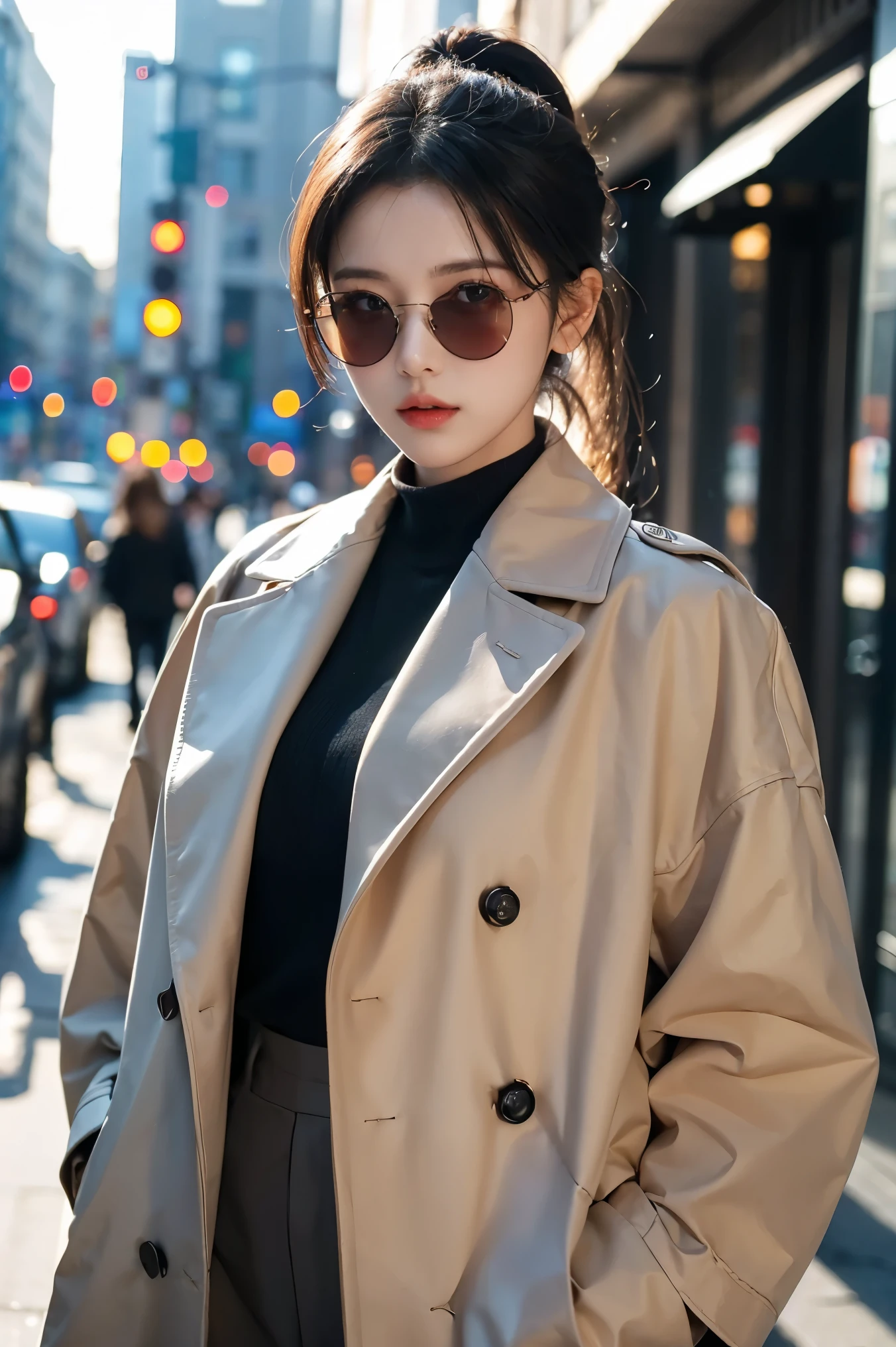(((Best quality, 8k, Masterpiece: 1.3)), ((best quality)), ((masterpiece)), (detailed), perfect face, A stylish woman wearing a sleek spring coat over a formal suit. She has black hair tied in a neat ponytail and wears dark black sunglasses. The background is softly blurred, giving a professional and modern city vibe. She stands with confidence, her posture elegant and poised. The lighting is natural, casting a soft glow on her outfit and highlighting the details of the coat and suit.