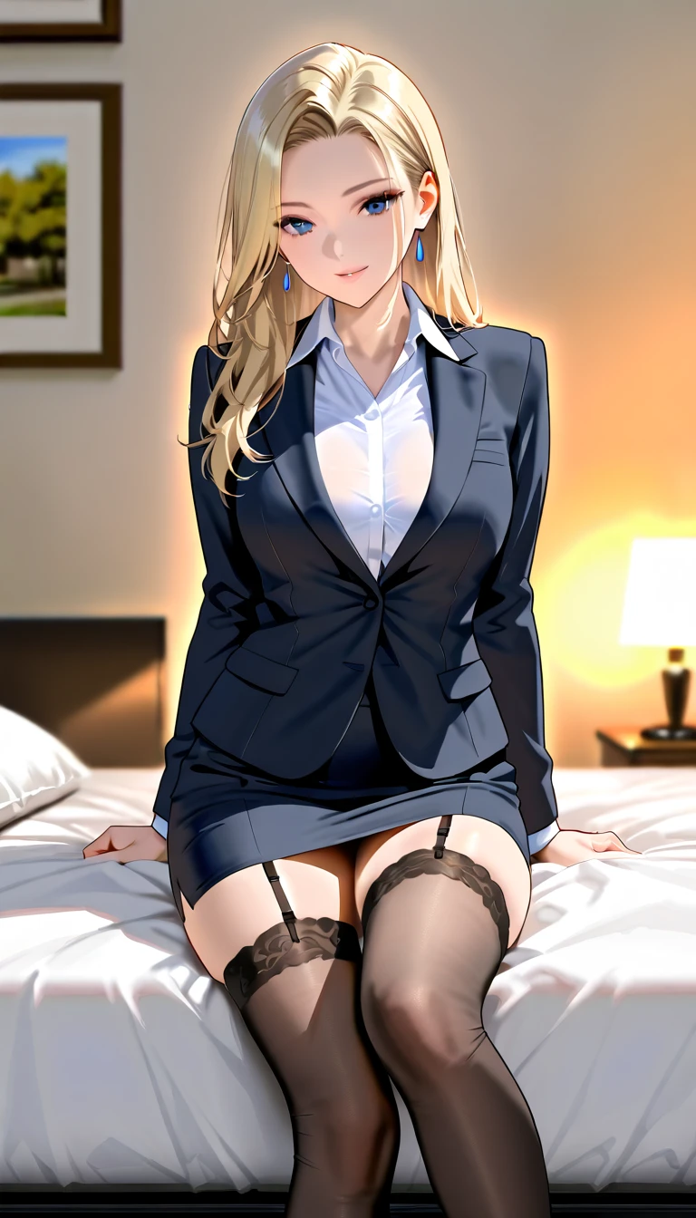 (best quality:1.5, highres, UHD, 4K, detailed lighting, shaders), busty, round breasts, thighs, nude, sitting on bed, luxury bedroom background, sexy, smiling, (pov, close shot), MadamePresident, MadamePresident_bluesuit_aiwaifu , MadamePresident_bluesuit_aiwaifu,long hair,blonde hair,jewelry,cleavage,pencil skirt,skirt,large breasts,pantyhose,earrings,formal,jacket,lipstick,necklace,makeup,miniskirt,skirt suit,suit,high heels,nail polish,red lips,wavy hair,black skirt,blue jacket,brown eyes,hair over one eye,long sleeves,open clothes,shirt,