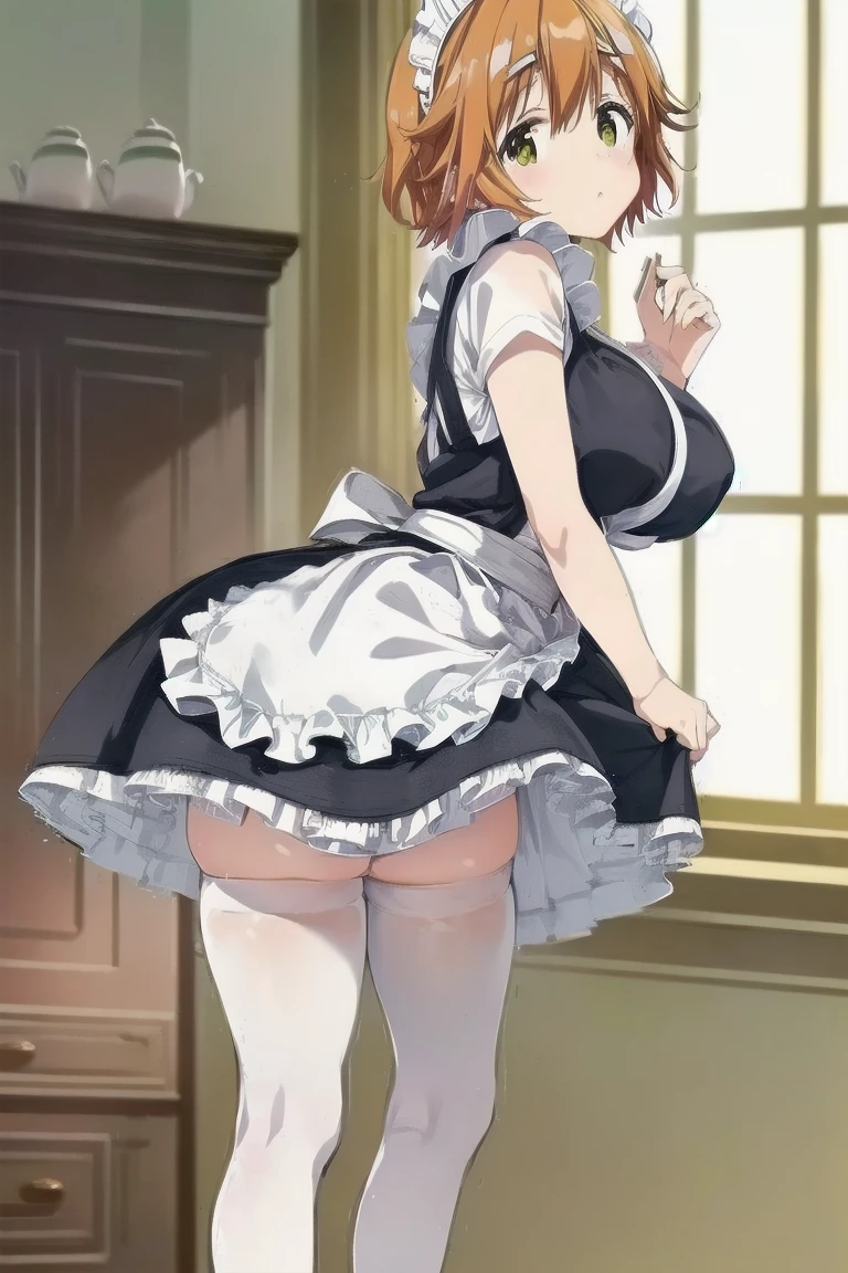 masterpiece, best quality, 1girl, solo, feliciadef, sad face, diaper, messed diaper, maid, maid headdress, black thighhighs, low angle, dress lift