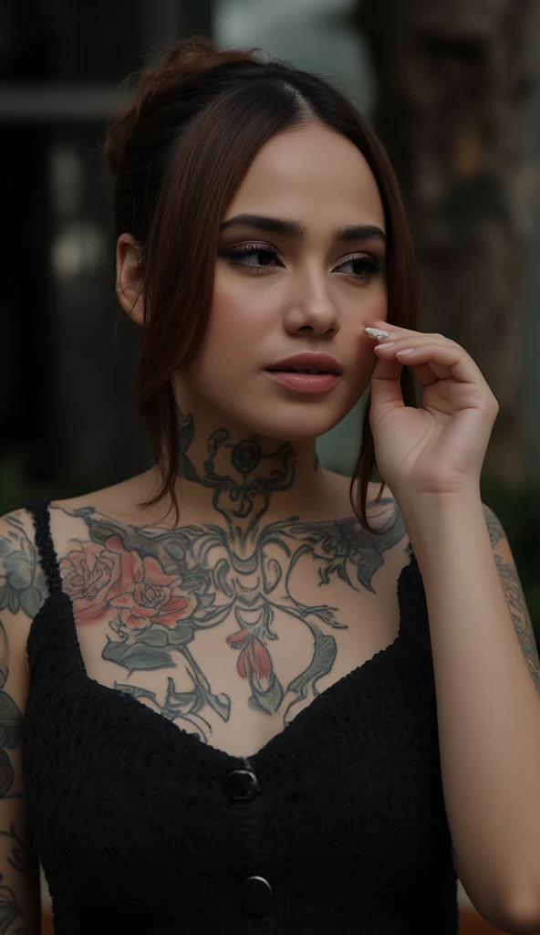 ((Best quality)), ((masterpiece)), (detailed), perfect face, upper body shot, girl, makeup, tattoos, hair bun, street clothing, sitting in a diner, red neon sign in japanese shining above her on the wall, dim lighting, night time, professional photograph, (bella kotak style of photography, paolo roversi style)