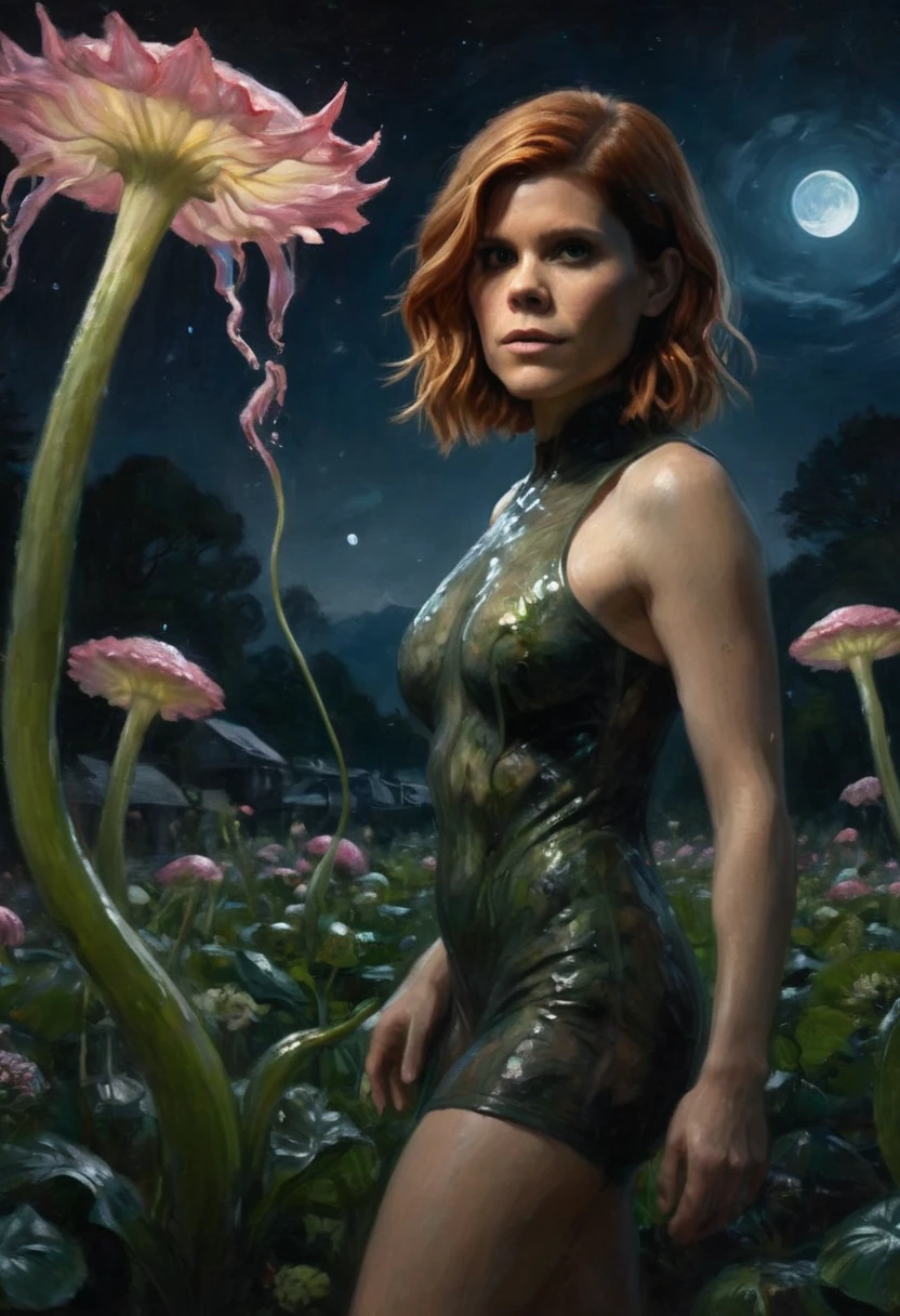 a beautiful woman (kate mara) nude, no underwear, scared, helpless in an alien flower garden in full bloom on a moonlit night, timid poses, tentacles reach for Kate dipping slime, tentacles suspend kate in the air by her arms and legs, tentacles sex her vagina, highly detailed, 8k, photorealistic, dramatic lighting, cinematic, award winning portrait, masterpiece
