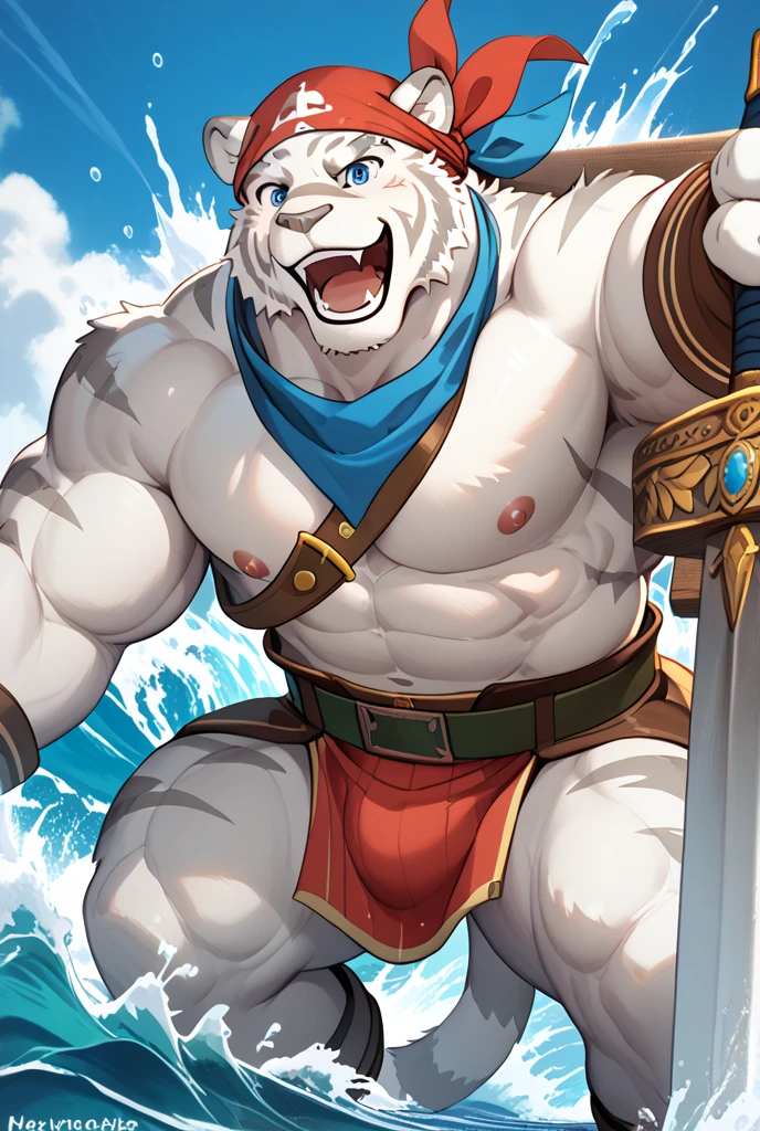 Furry, solo, white bear, Blue Eyes, Muscular, Wear an adventurer’s outfit, red cloth, red scarf, Behind is a mountain, waterfall, Standing on the rocks by the waterfall, High resolution imageHDR, 4K
