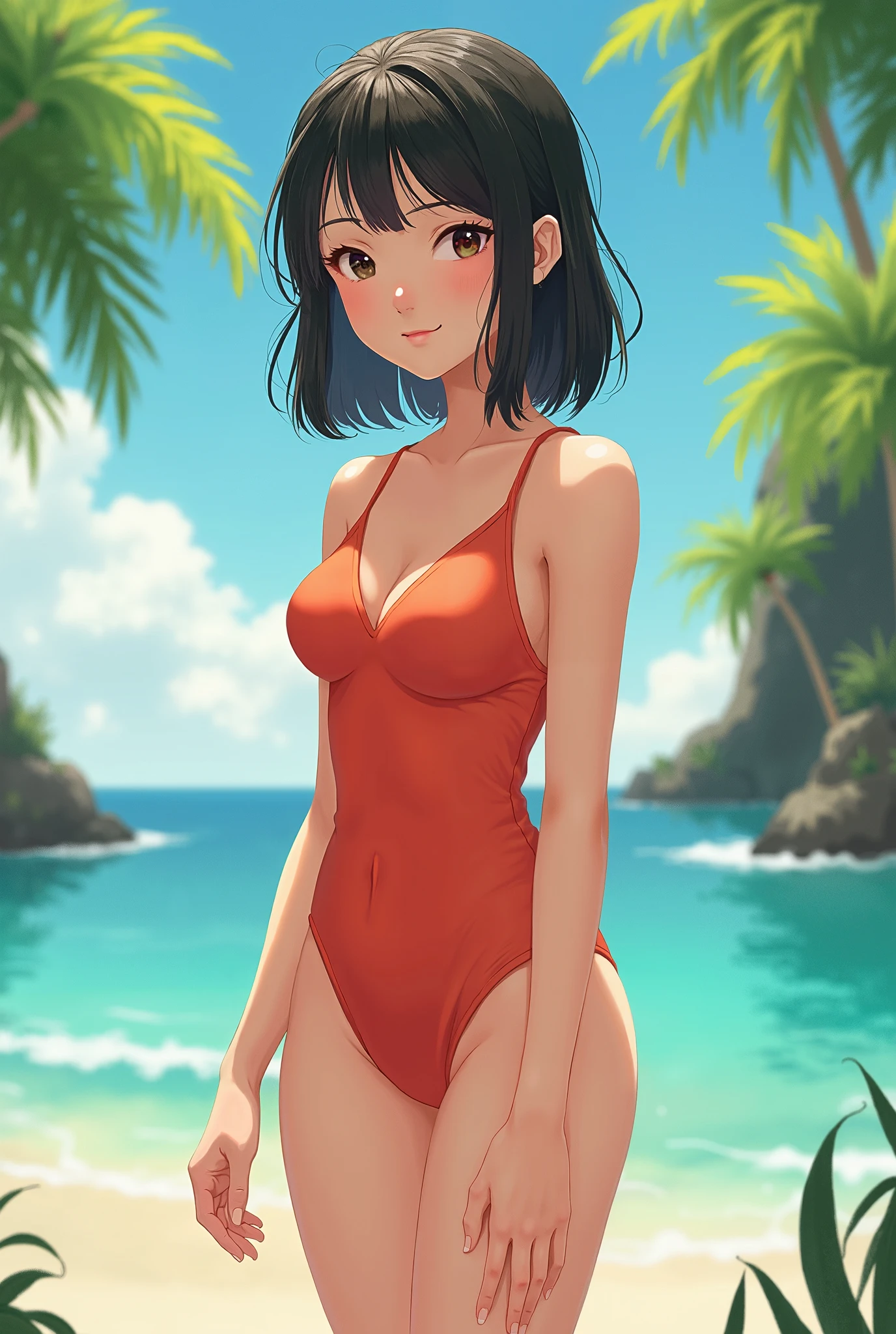 (masterpiece, best quality), anime girl in Retro-inspired one-piece swimsuit with a wide-brimmed sun hat, seaside, short red hair, textured Pixie cut, full-body shot, perfect anatomy, curvaceous body, alluring, perfect eyes, perfect hands, standing on a sand dune, hair caught by the wind, striking a confident pose, smoldering gaze, lips slightly parted, extremely detailed Artgem, ig model, artgem, alena aenami and artgem, krenz cushart and artgem, artgem and atey ghailan