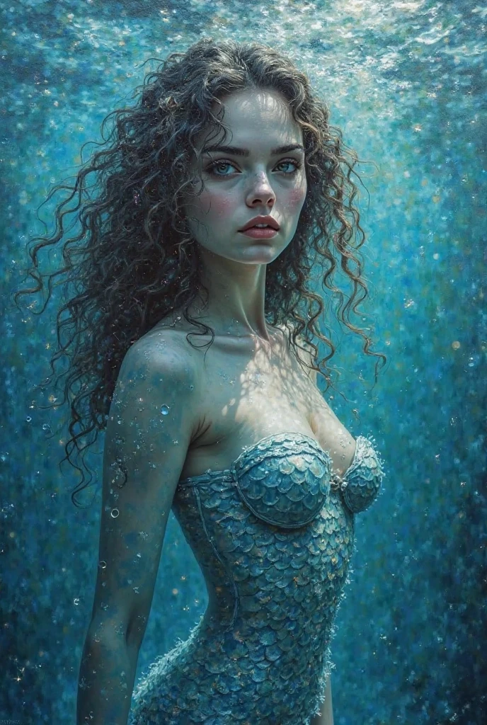 a woman drowning under crystal clear water, a nymph wrapped in floating bubbles.