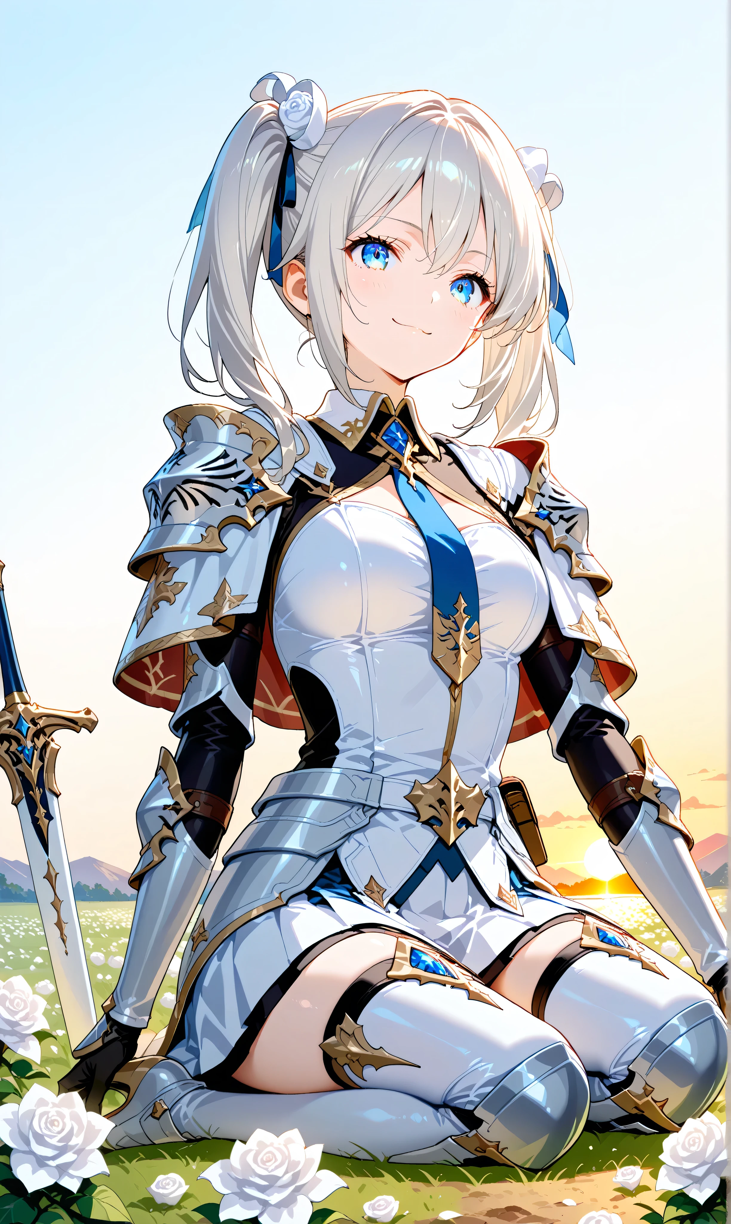 (watercolor:0.4)、( pastel :0.6)、 1girl 、Tie long jet black twin tails with faint white highlights with a ribbon、A knight in a white rose military uniform、Blue eyes。an expression where you can sit on the ground and place a sword on its side、Trying to stand up with a small smile。Scattered white roses and the battlefield brightened by the sunrise makes me feel hope and a new beginning。Simple white background to make the character stand out。
