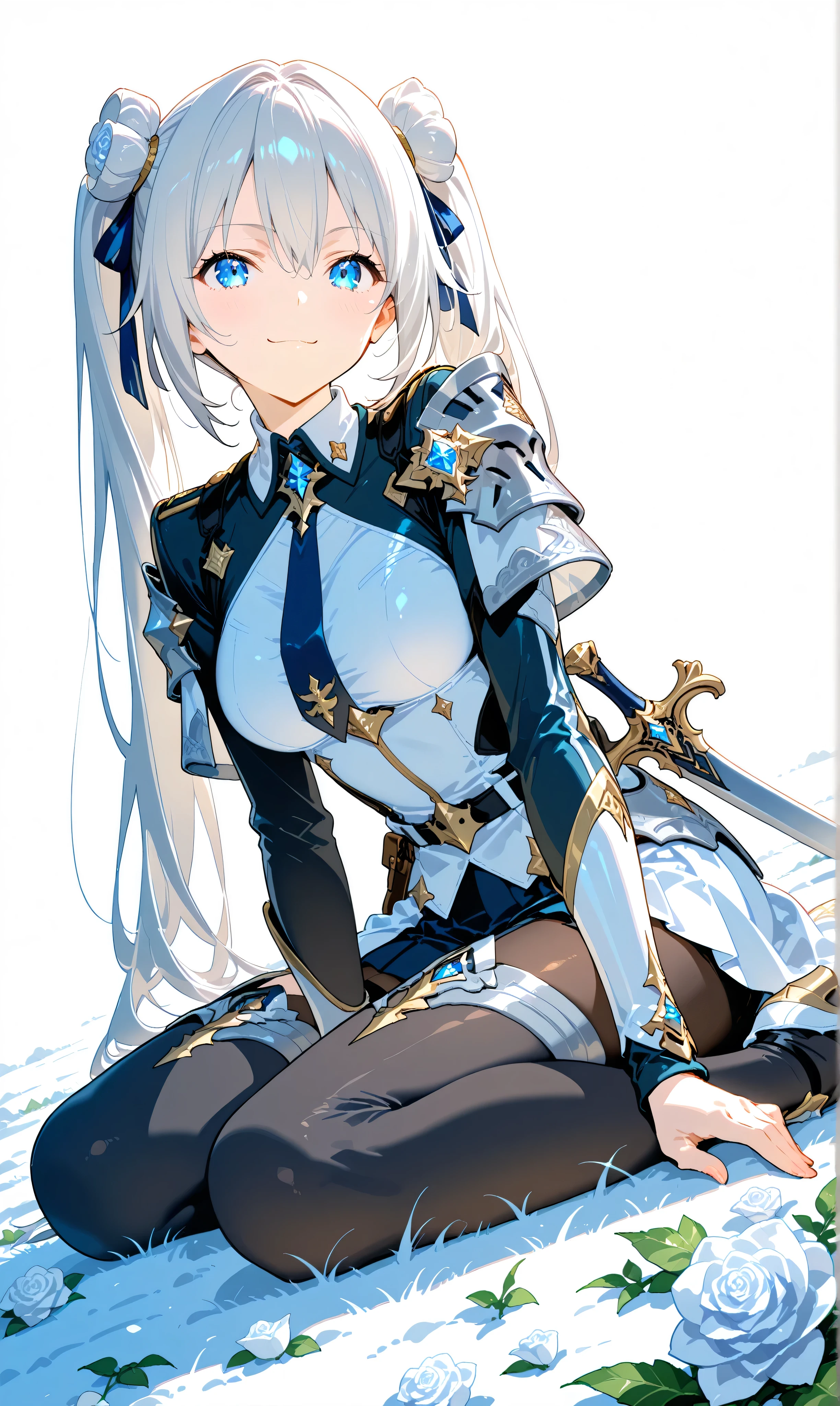 (watercolor:0.4)、( pastel :0.6)、 1girl 、Tie long jet black twin tails with faint white highlights with a ribbon、A knight in a white rose military uniform、Blue eyes。an expression where you can sit on the ground and place a sword on its side、Trying to stand up with a small smile。Scattered white roses and the battlefield brightened by the sunrise makes me feel hope and a new beginning。Simple white background to make the character stand out。