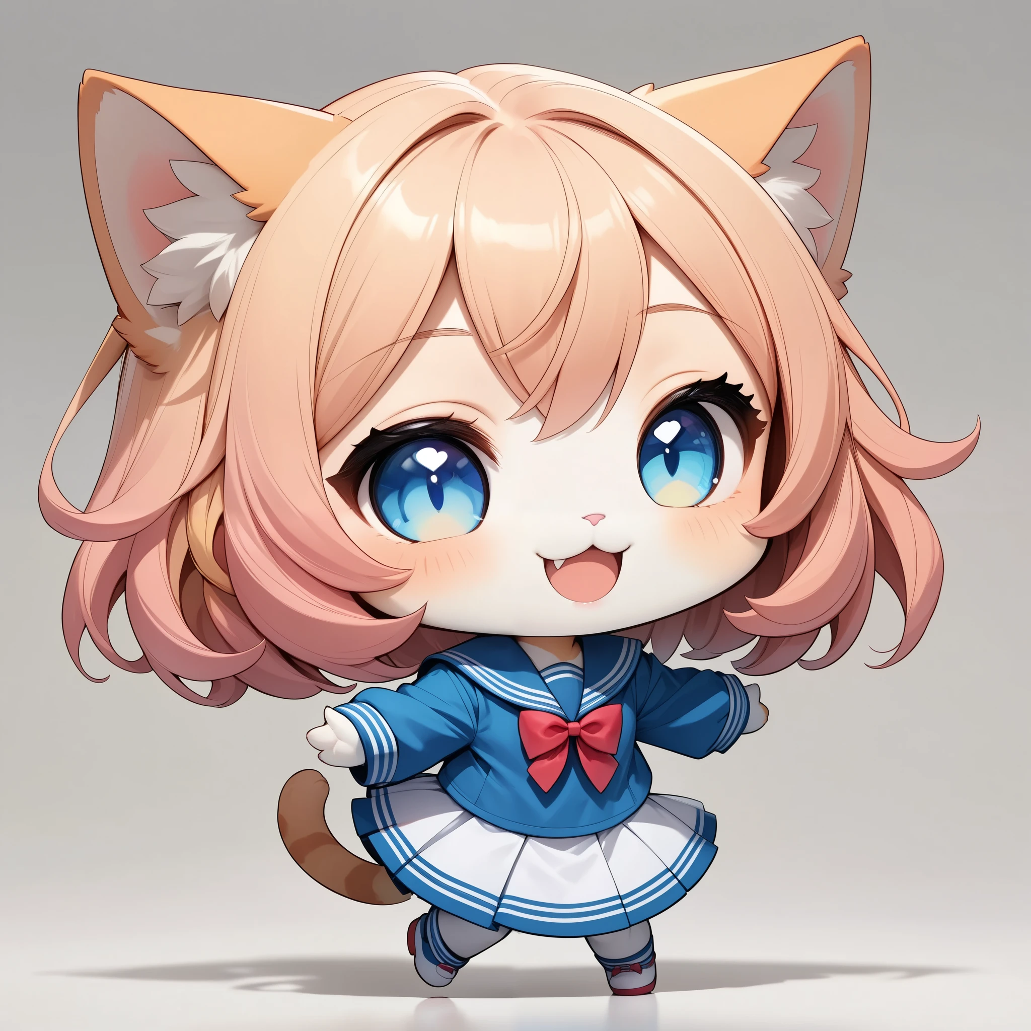 chibiかわいい猫女子, ( cat girl 1), furry, chibi, Deformed Character , colorful hair leaving shoulders, short hair, blue eyes, Cat ears, cat face, sailor suit, smile, laugh, (( heart symbol with both hands, gradation eyes)), earthless background:1.2, color gradient background, (highest quality:1.2, very detailed, Attention to Details, masterpiece:1.2, best image quality, Aesthetics at its best).