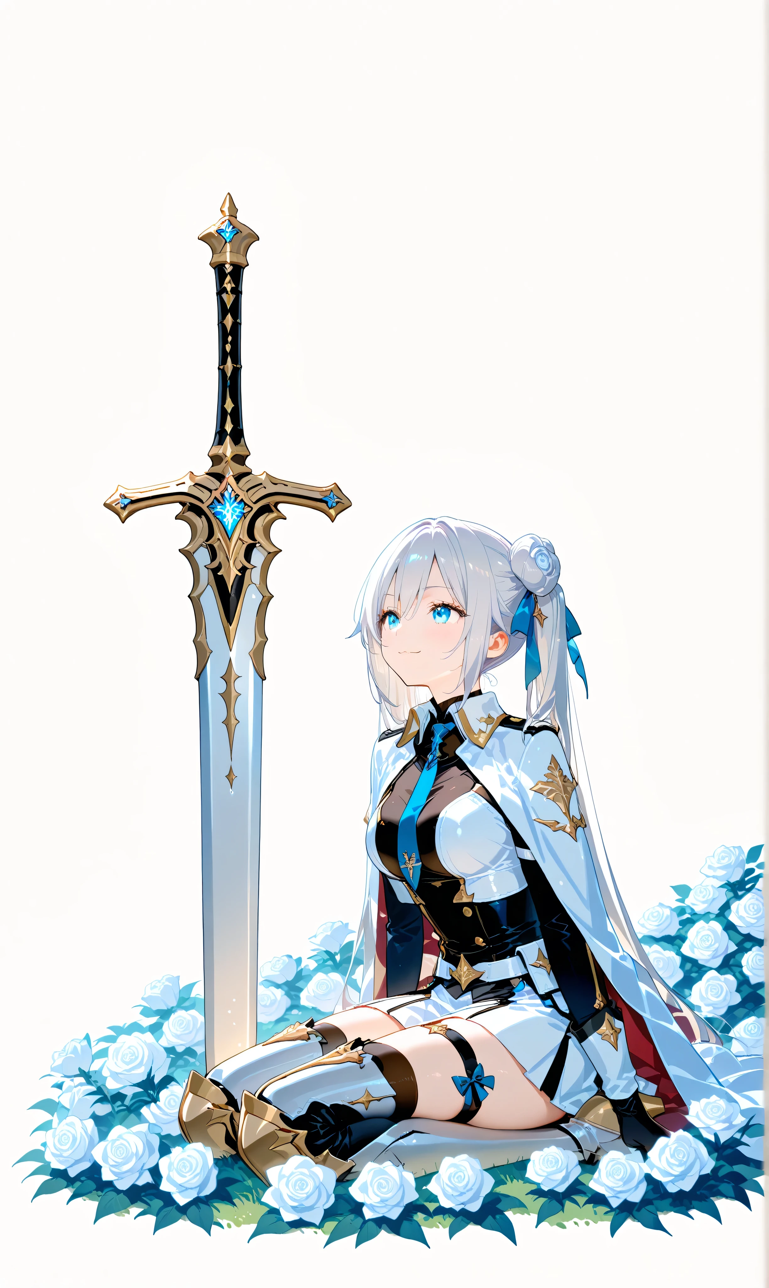 (watercolor:0.4)、( pastel :0.6)、 1girl 、Tie long jet black twin tails with faint white highlights with a ribbon、A knight in a white rose military uniform、Blue eyes。an expression where you can sit on the ground and place a sword on its side、Trying to stand up with a small smile。Scattered white roses and the battlefield brightened by the sunrise makes me feel hope and a new beginning。Simple white background to make the character stand out。