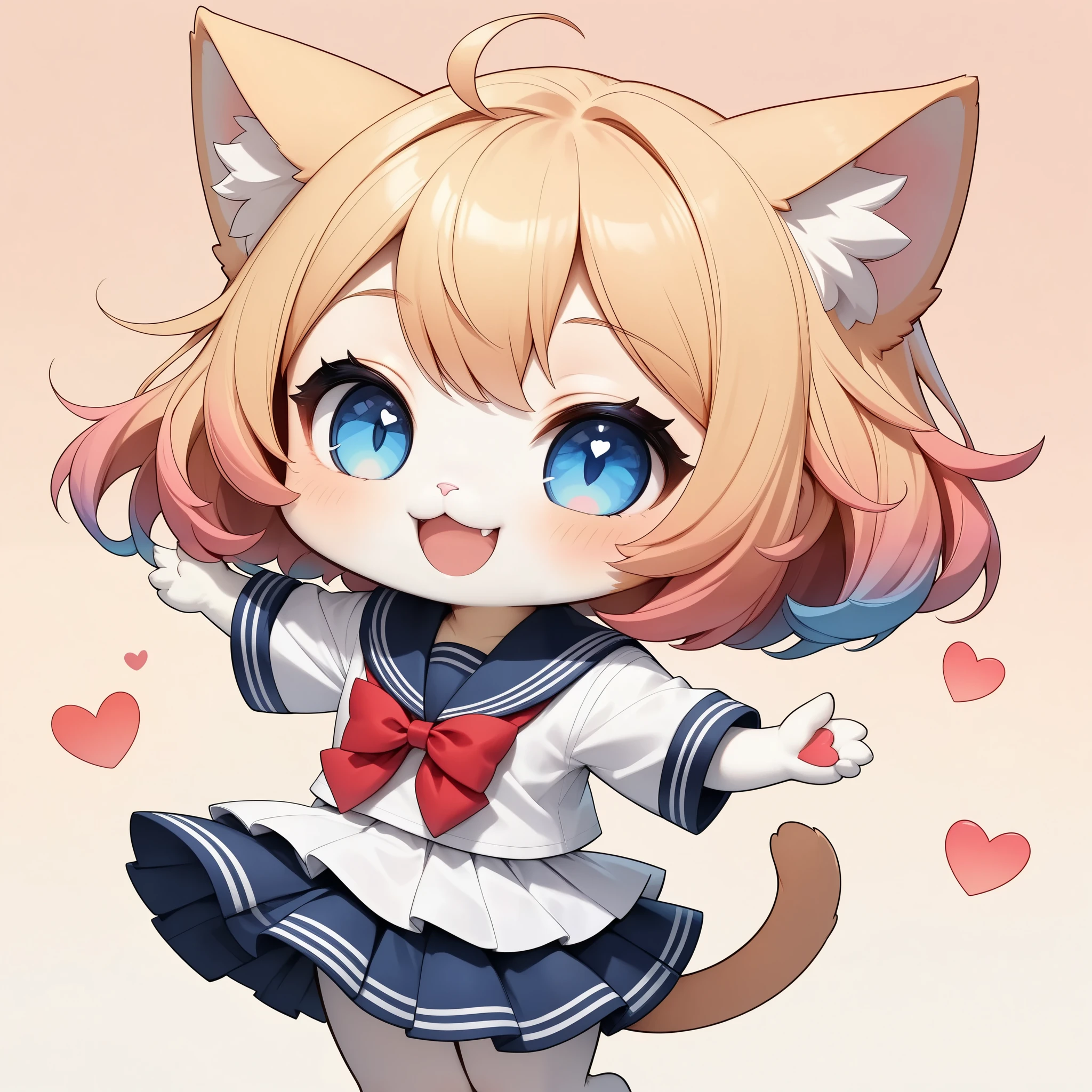  chibiかわいい猫女子, ( cat girl 1),  furry,  chibi,  Deformed Character , colorful hair leaving shoulders, short hair, blue eyes, Cat ears,  cat face, sailor suit, smile,  laugh, (( heart symbol with both hands,  gradation eyes)),  earthless background:1.2, color gradient background, (highest quality:1.2, very detailed, Attention to Details, masterpiece:1.2, best image quality, Aesthetics at its best).