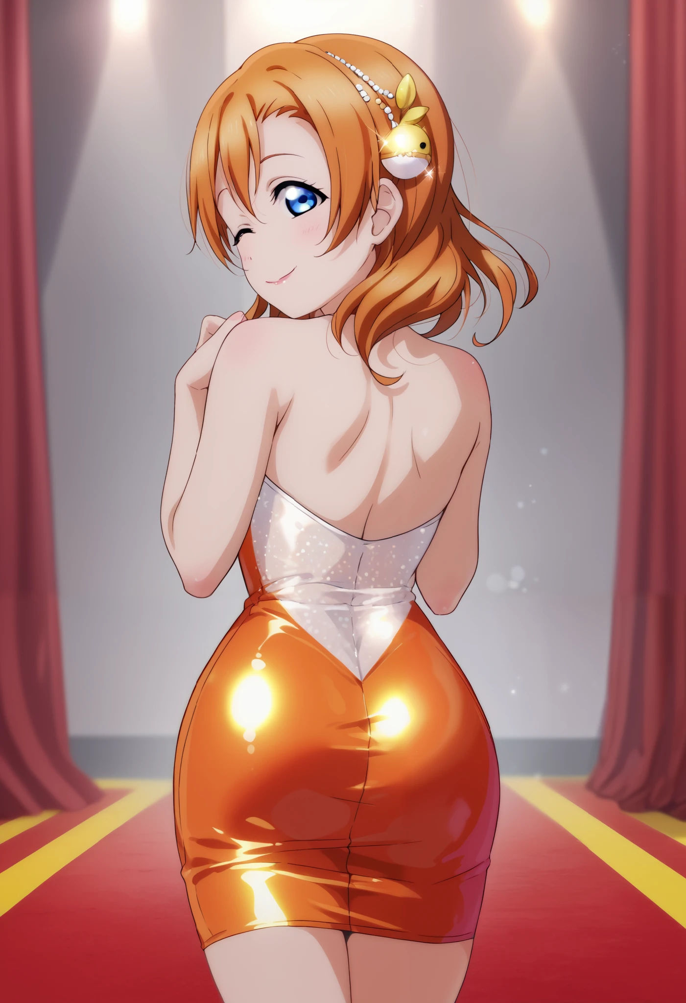 Honoka kousaka love live, cowboy shot, blue eyes, orange hair,hair flower, solo, from behind, looking back, ((short silver bodycon dress)), strapless,latex, cute smile , hair ornaments, (curvy body), standing for interview,red carpet, micro skirt, perfect eyes, Perfect iris,Perfect skin,Soft front light,(pastel colour:1.2),(lipstick:0.8) ,sexy pose,wink, standing, mommy,low twintails, Long hair