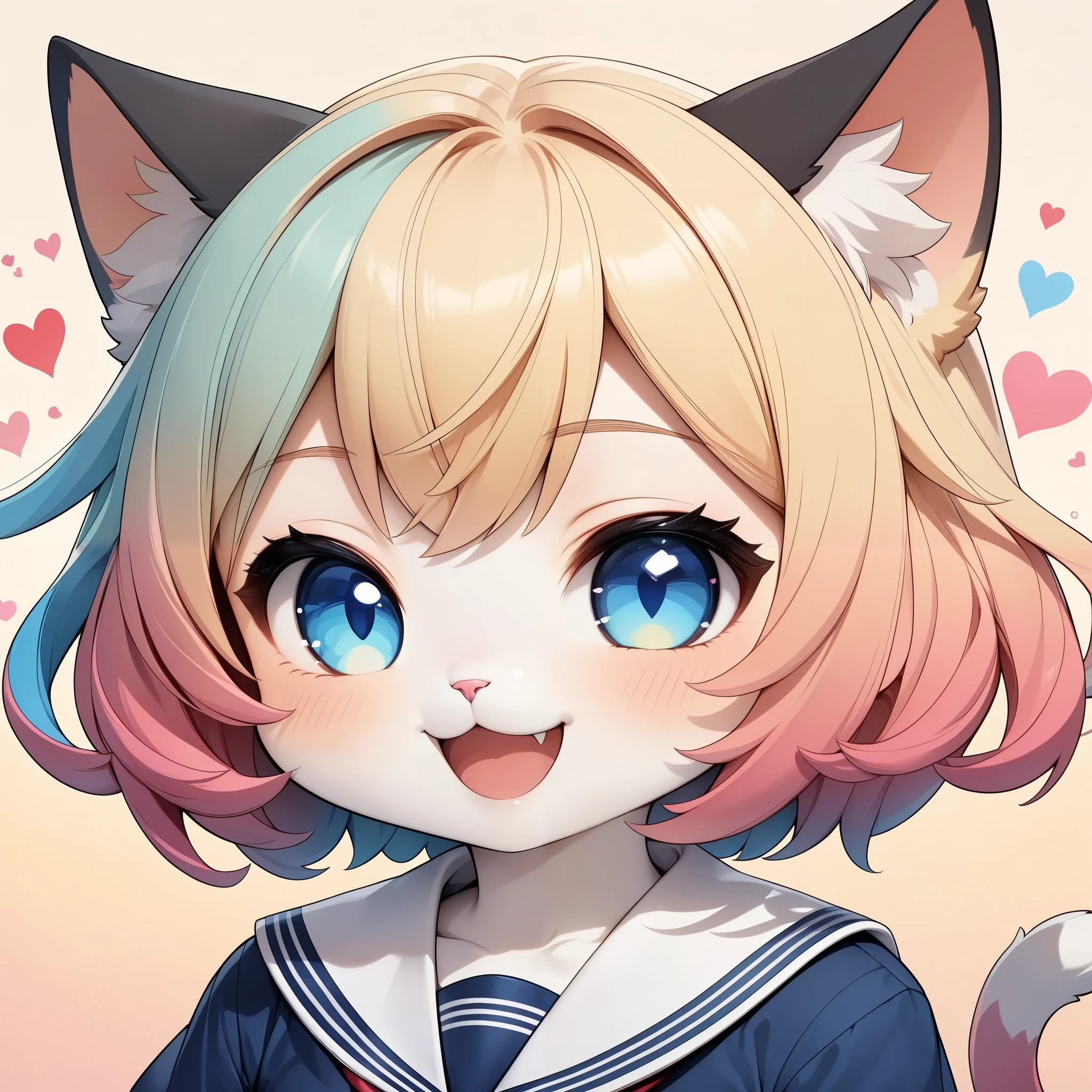 chibiかわいい猫女子, ( cat girl 1), furry, chibi, Deformed Character , colorful hair leaving shoulders, short hair, blue eyes, Cat ears, cat face, sailor suit, smile, laugh, (( hearts are scattered , gradation eyes)), earthless background:1.2, color gradient background, (highest quality:1.2, very detailed, Attention to Details, masterpiece:1.2, best image quality, Aesthetics at its best).