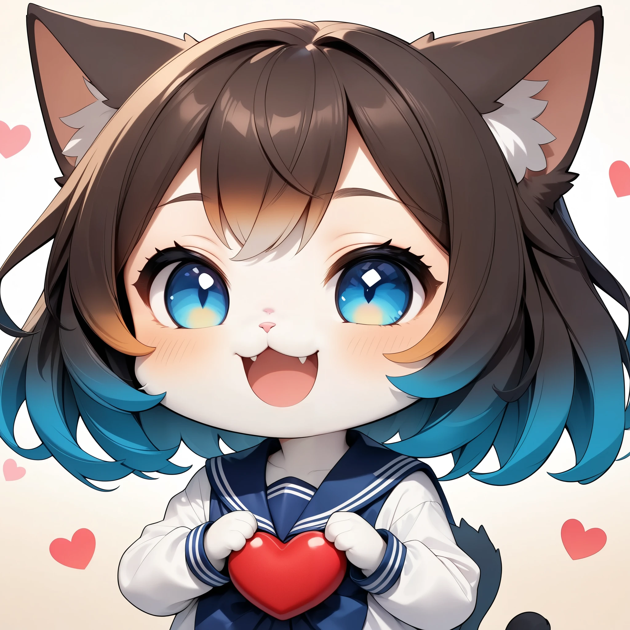  chibiかわいい猫女子, ( cat girl 1),  furry,  chibi,  Deformed Character , colorful hair leaving shoulders, short hair, blue eyes, Cat ears,  cat face, sailor suit, smile,  laugh, (( heart symbol with both hands,  gradation eyes)),  earthless background:1.2, color gradient background, (highest quality:1.2, very detailed, Attention to Details, masterpiece:1.2, best image quality, Aesthetics at its best).